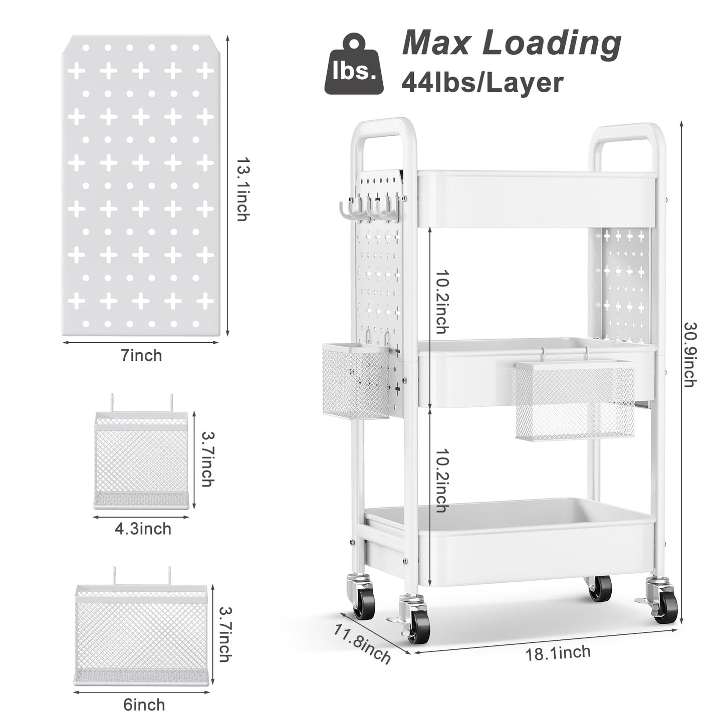 3 Tier Rolling Cart Metal with DIY Pegboard, White Utility Cart with Lockable Wheels, Three Tiered Craft Cart Organizer on Wheel, Utility Roller Storage Carts for Art, Baby Diaper Caddy, Snack, Book