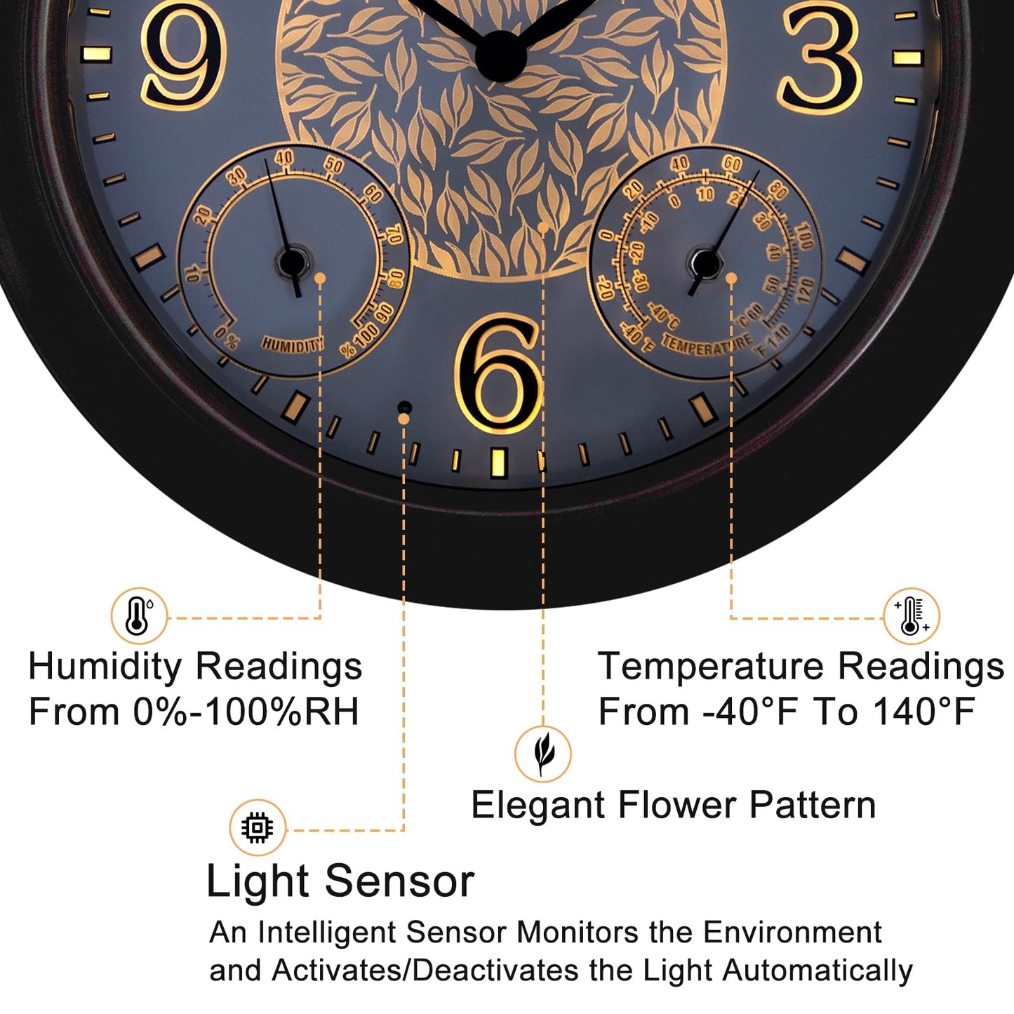 OCEST 15 Inch Illuminated Large Outdoor Clock Waterproof, Night Light Illuminated Wall Clocks with Smart LED Sensor, Temperature and Humidity Combo for Garden Patio Pool Garage (Metal)