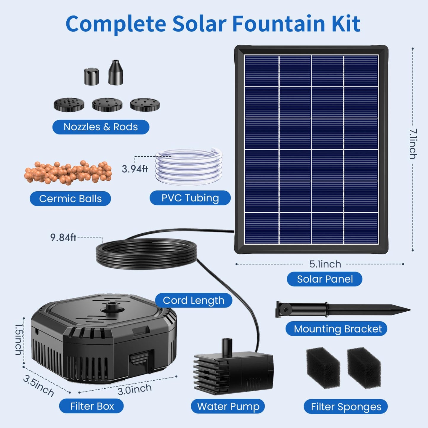 Antfraer Solar Pond Filter with Fountain Pump, 4W Solar Fountain Pump with Pond Filter, Solar Powered Water Pump Kit with 5 Nozzles & PVC Tubing for Bird Bath, Garden, Outdoor Fish Tank