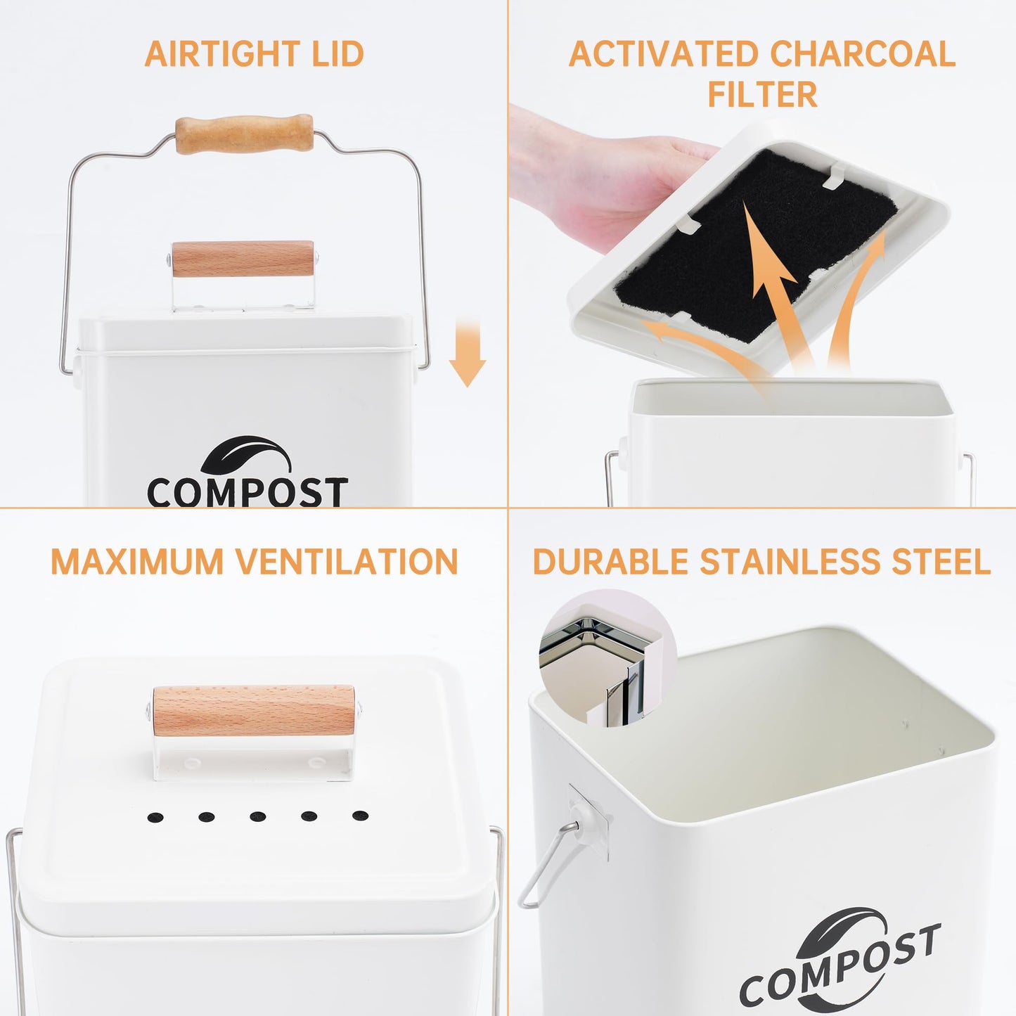 Candco Kitchen Compost Bin, 1.7 Gallon Countertop Compost Bin with Lid and Charcoal Filter, Kitchen Composter for Food Waste, Rust Proof Indoor Bucket, White