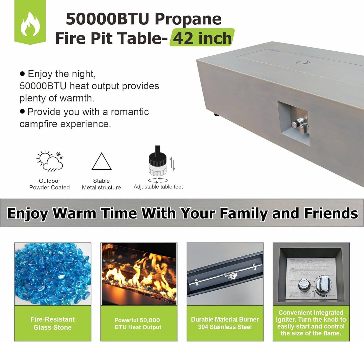 SUNPEAK 42" Rectangular Propane Fire Pit – 50,000 BTU Fire Table with Wind Guard Glass, Lid, Rocks and Cover – Backyard Fire Pits Outdoor – Propane Gas Fireplace for Deck or Patio (Grey, 42" Standard)