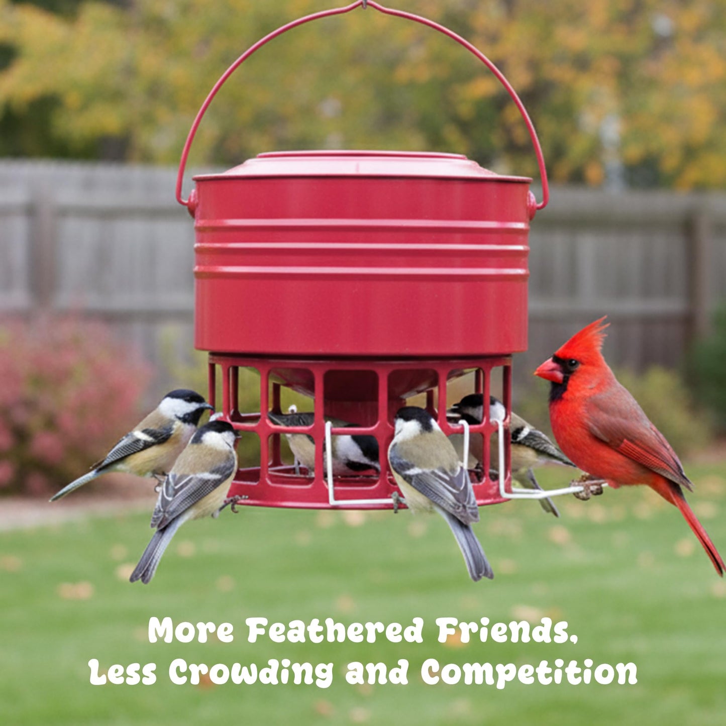 KOL Large Bird Feeder for Outdoors, 10LB Capacity Squirrel Proof Metal Feeder with 32 Feeding Ports & 3 Perches, Easy-Clean Hanging Birdfeeder for Cardinals, Bluebirds, Finches (Red)