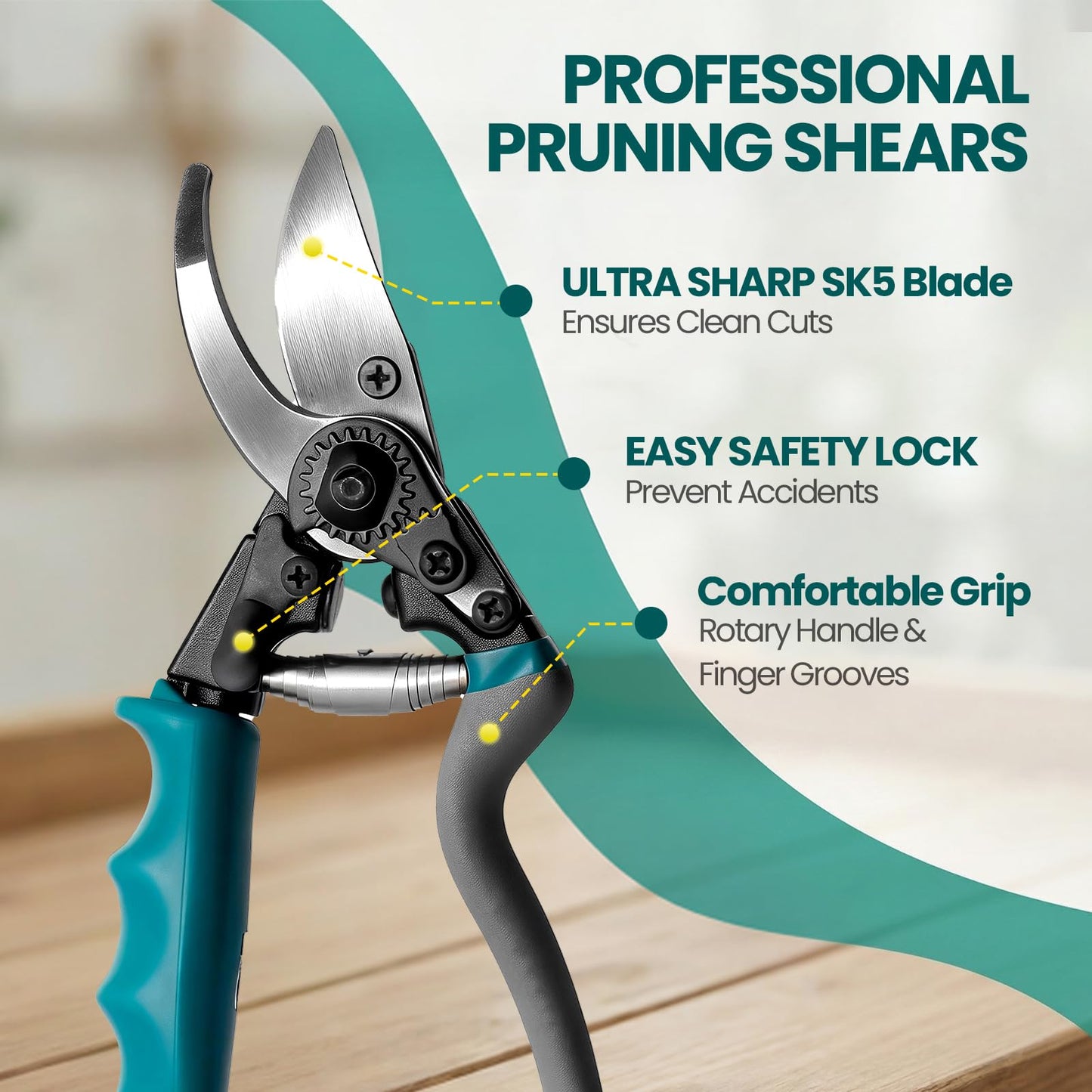 S2U Pruning Shears Heavy Duty - SK5 Carbon Steel Garden Shears for 4/5" Branches, Ergonomic Rotating Handle Tree Trimmers with Extra Blade, Spring & Safety Lock, Professional Hand Pruners & Snips
