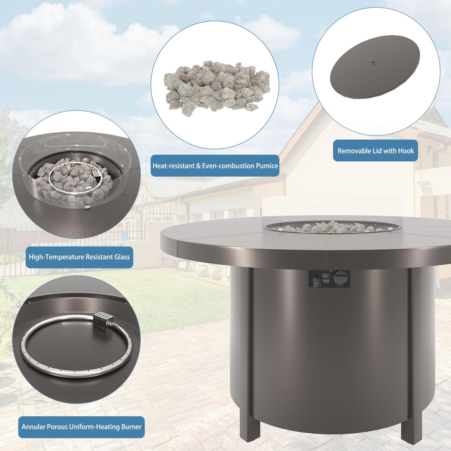 RTDTD 48" Round Propane Fire Pit Table,55000 BTU Round Firepit,Outdoor Fire Pit with Fire Glass,Lid,Waterproof Cover and Blue Glass Stone for Backyard,Garden,Patio