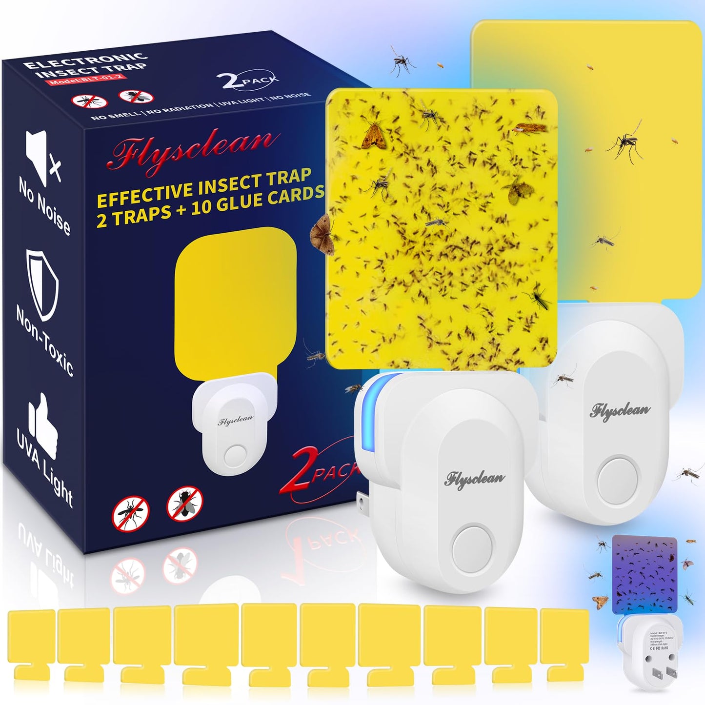 Pestvanish Flying Insect Trap Plug-in, Indoor Mosquito & Gnat Killer, Safe Non-Toxic UV Light Fly Catcher, Night Light Bug Trap with Sticky Pad for Flies, Gnats, Moths (2 Pack, Bright White)