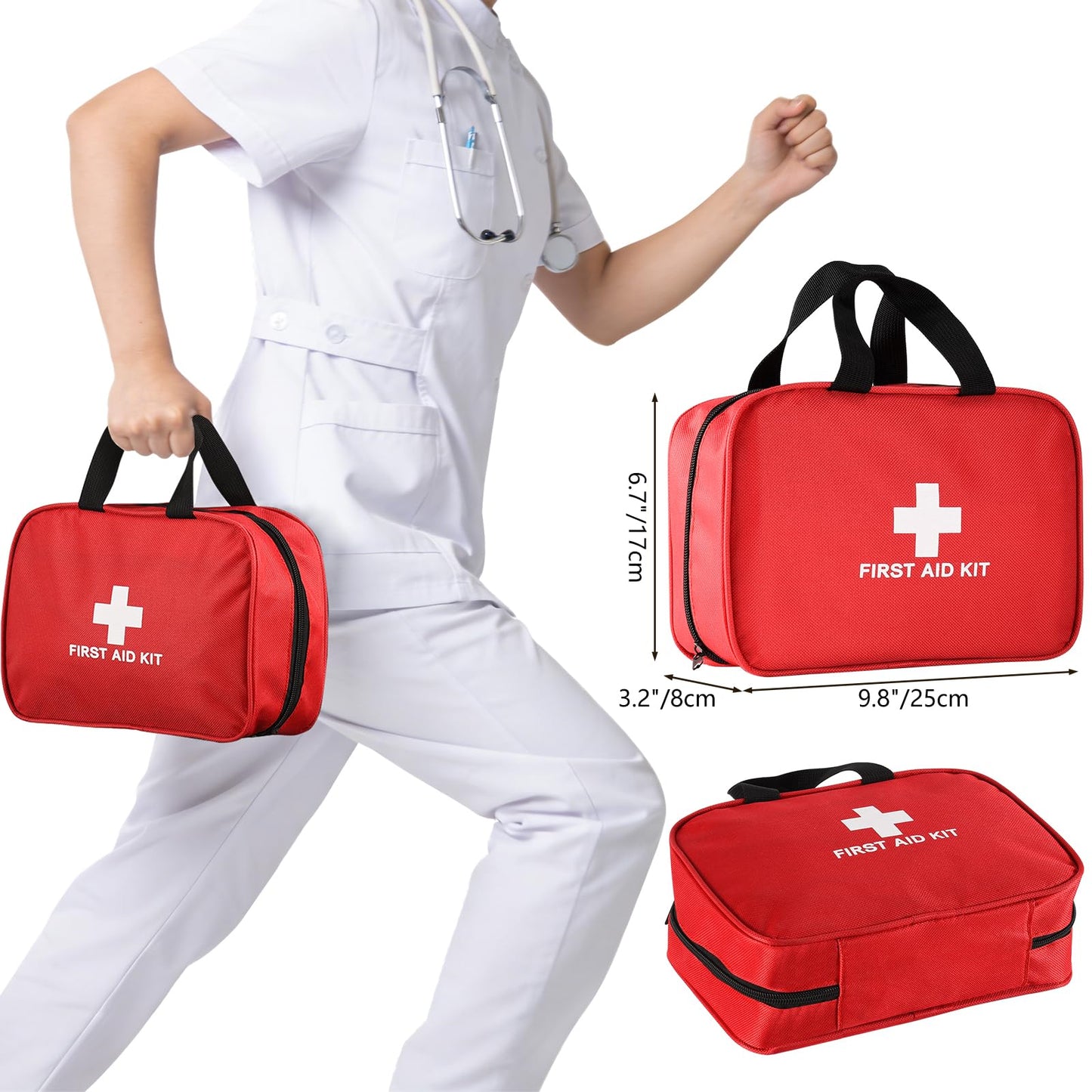 382 Piece Portable First Aid Kit, Emergency Preparedness Supplies for Home, Car, Travel, Camping, Office and Outdoor Use, Compact Red Bag with Assorted Bandages, Gauze and Care Accessories