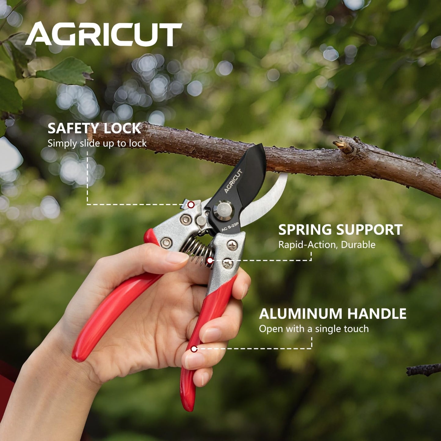 AGRICUT Pruning Shears, 7/8-Inch Cut Capacity Hand Clippers, Bypass Pruners, Gardening Scissors with Sharp Steel Blade (Aluminum Handle, High Carbon Steel)