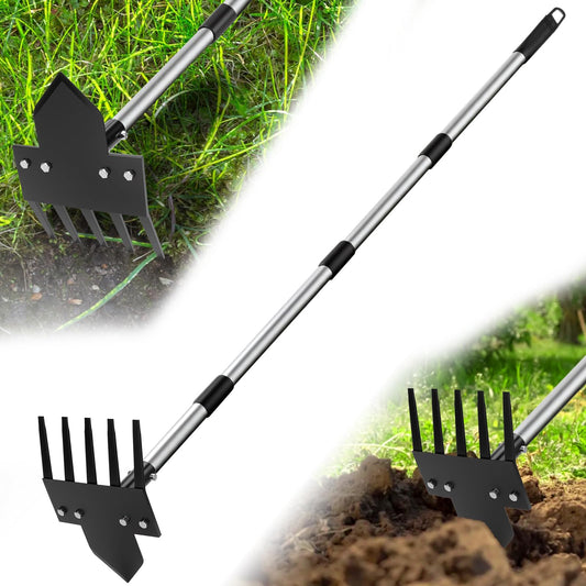 Poiyham 2-in-1 Hoe Garden Tools, 17-58" Weed Puller Tool with Long Handle, Heavy Duty Handle Garden Hoe and Weed Rake, Hoes for Gardening Yards Lawns Gardens Weeding