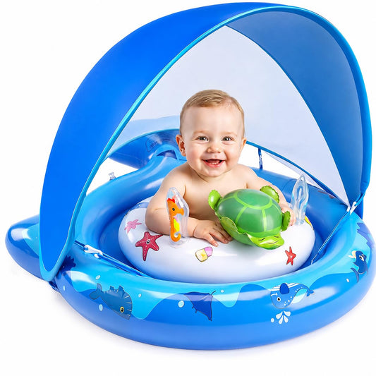 Inflatable Baby Pool Float with Sun Canopy, UPF50 Sun Protection, Portable & Easy to Store, Padded Safety Seat with, Includes Air Pump, with Toys Baby Swim Float for 6-36 Months Boys & Girls(Blue)