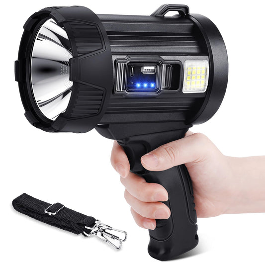 Rechargeable Spotlight, 2000000 LM Super Bright Spotlight Flashlight, Long Running Spot Light Searchlight, Outdoor Handheld LED Flashlight High Lumens with Solar Panels for Hunting Camping Boat