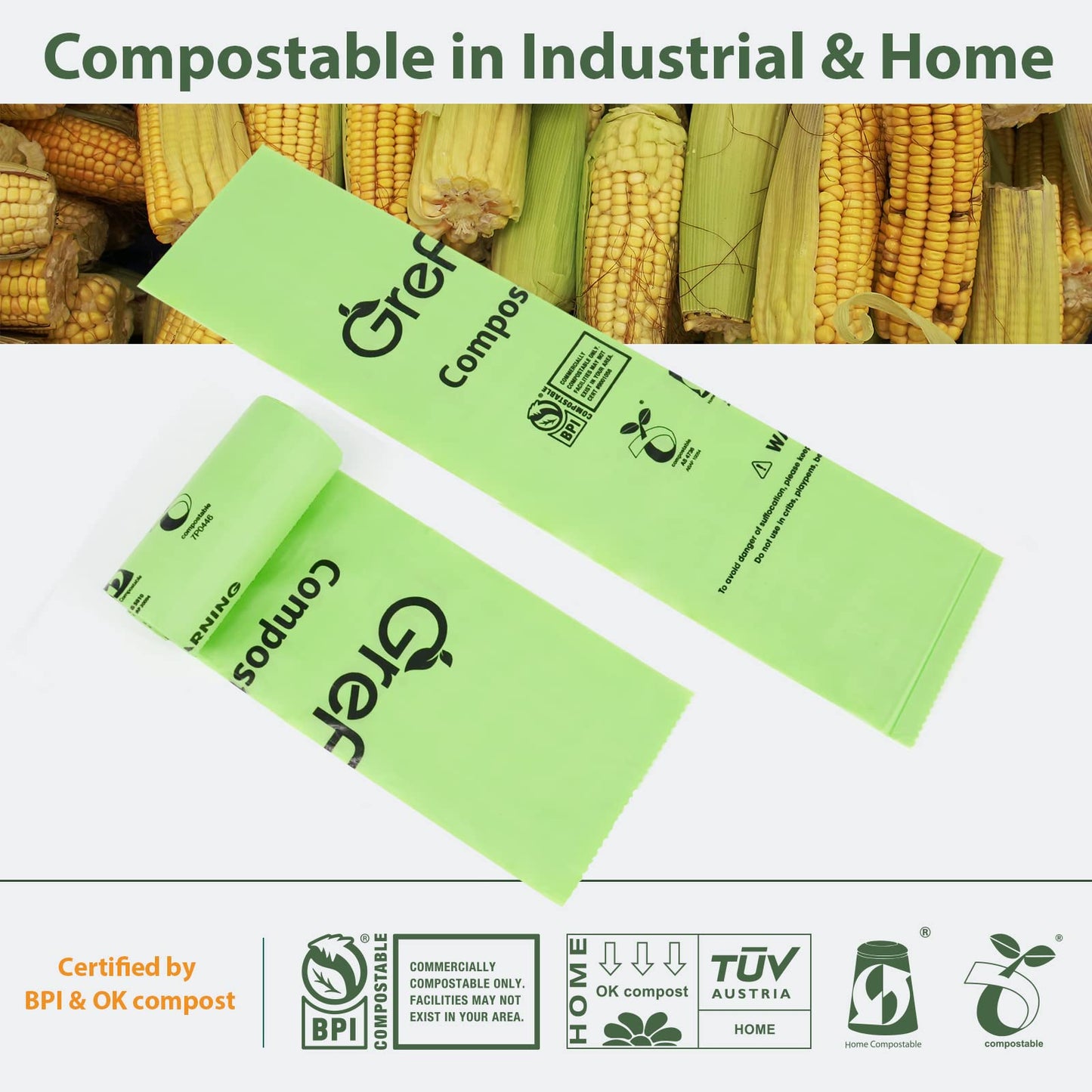 (Include 100+25 Bonus Bags) GreFusion Compostable Bags 1.2-1.6 Gallon,Fits 0.75,1,1.2,1.3,1.8 Gallon Countertop Bin,Certified by BPI,ASTM D6400 and OK Compost,125Count (100 + 25 Extra)