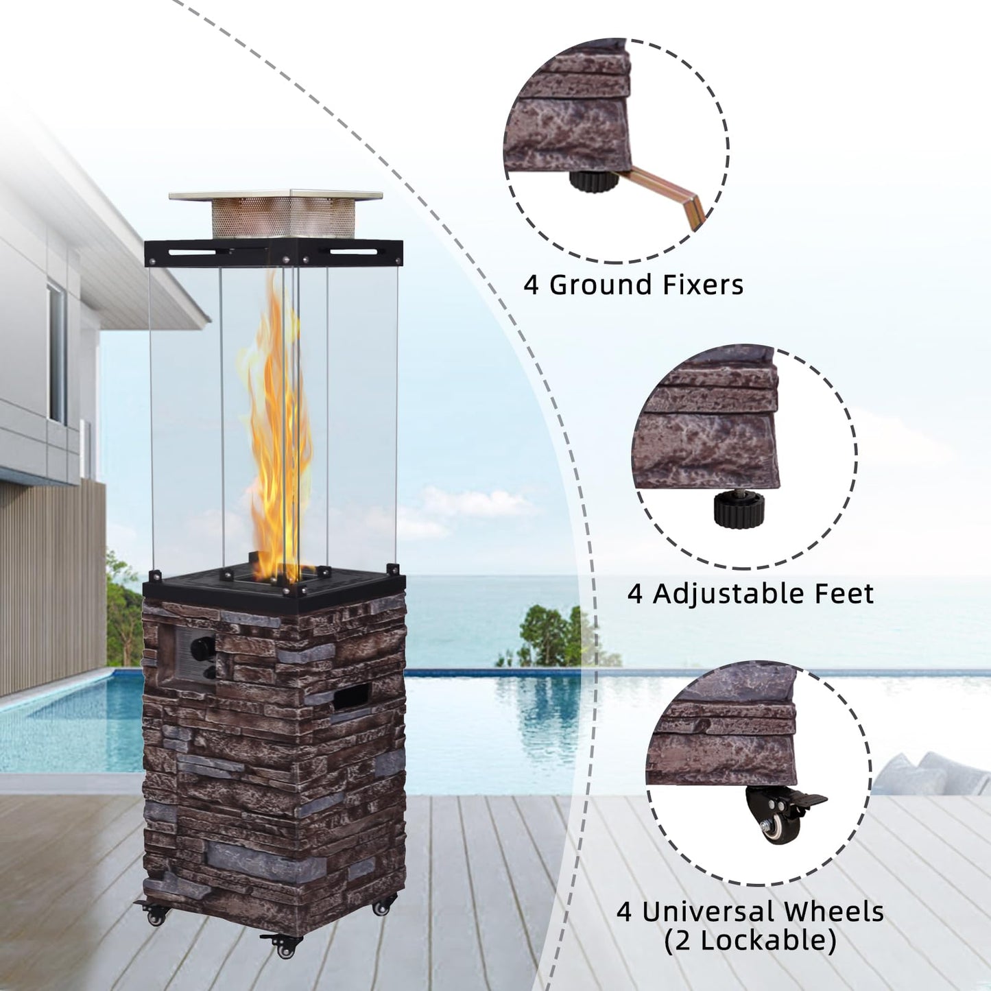 Outdoor Patio Propane Fire Heater with Weather Cover Glass 41000 BTU Fireplace Patented & CSA Certificated, Stackstone Brown
