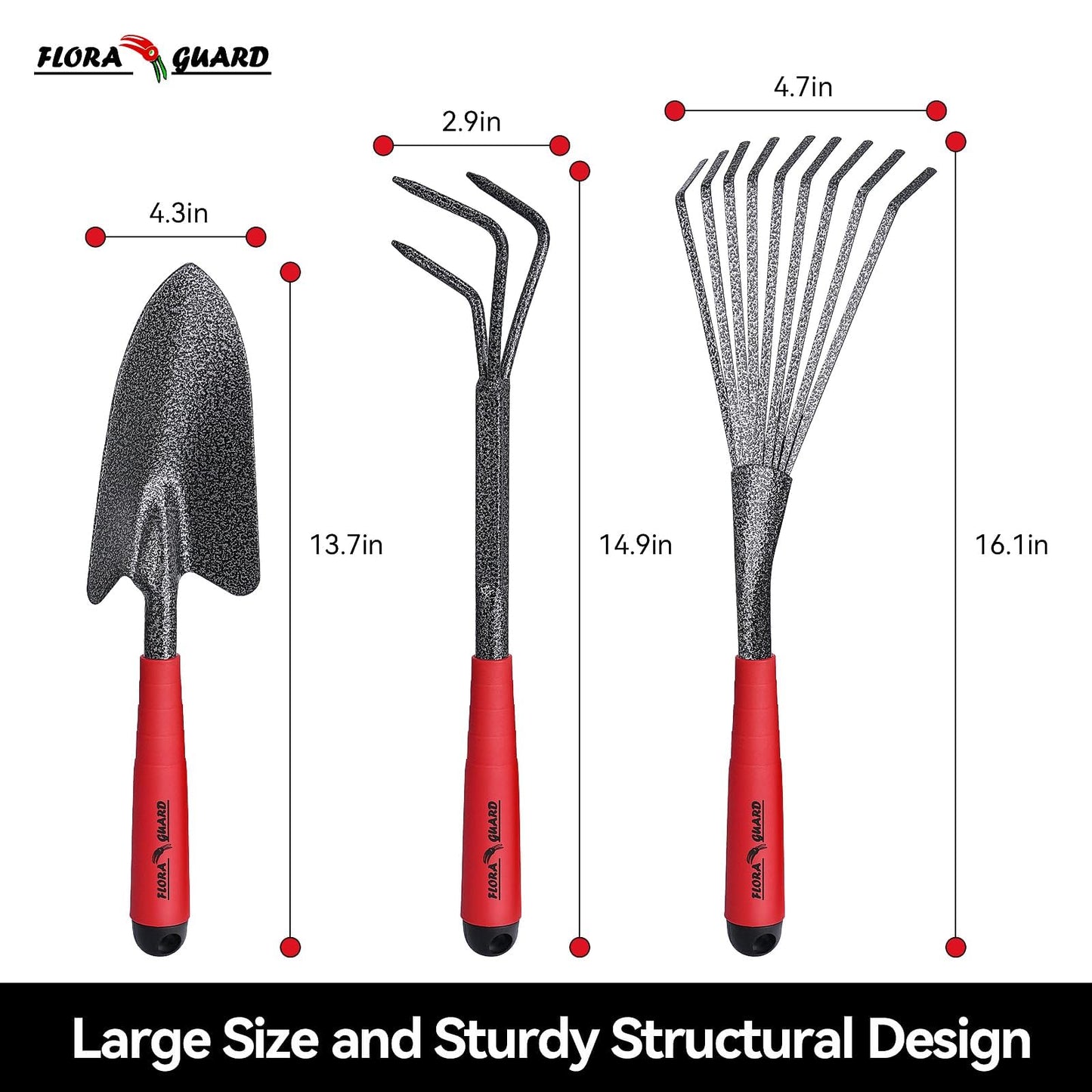 FLORA GUARD 6-Piece Garden Tool Set, Heavy Duty Gardening Hand Tools,Includes Trowel, Rake, 2-in-1 Hoe & Crack Weeder, Durable Yard Gardening Tools, Ideal Gardening Gift for Men & Women