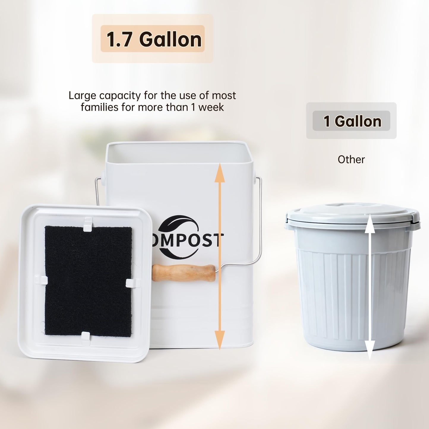 Candco Kitchen Compost Bin, 1.7 Gallon Countertop Compost Bin with Lid and Charcoal Filter, Kitchen Composter for Food Waste, Rust Proof Indoor Bucket, White
