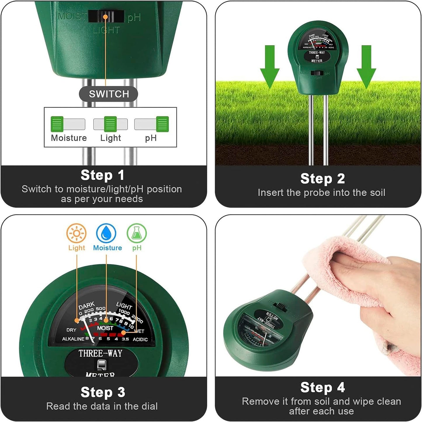 Speedinistic 3-in-1 Soil pH Meter - Moisture, Light, and pH Tester for Garden, Lawn, Farm, Indoor & Outdoor Plant Care, Green