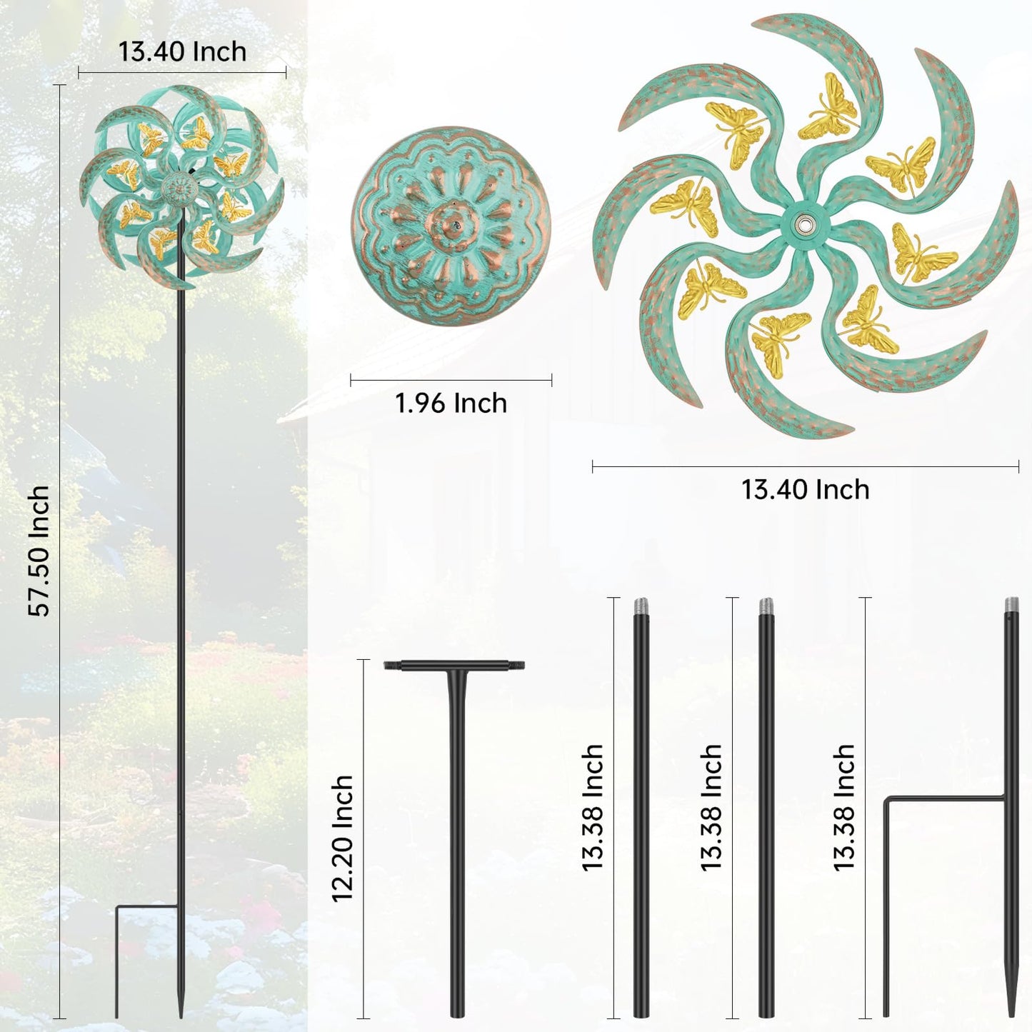 Jusimux Metal Wind Spinner Outdoor, Golden Butterfly Kinetic Wind Sculpture Spinners with Metal Stake, Yard Art Decor for Patio, Lawn & Garden, Creative Gifts 57.5 * 13.4 Inch