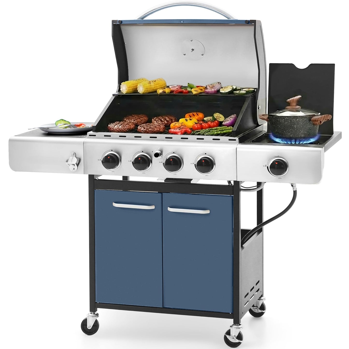 Sophia & William 4-Burner Gas BBQ Grill with Side Burner and Porcelain-Enameled Cast Iron Grates, 42,000BTU Propane Grills Outdoor Cooking Barbecue Cabinet Style, Blue