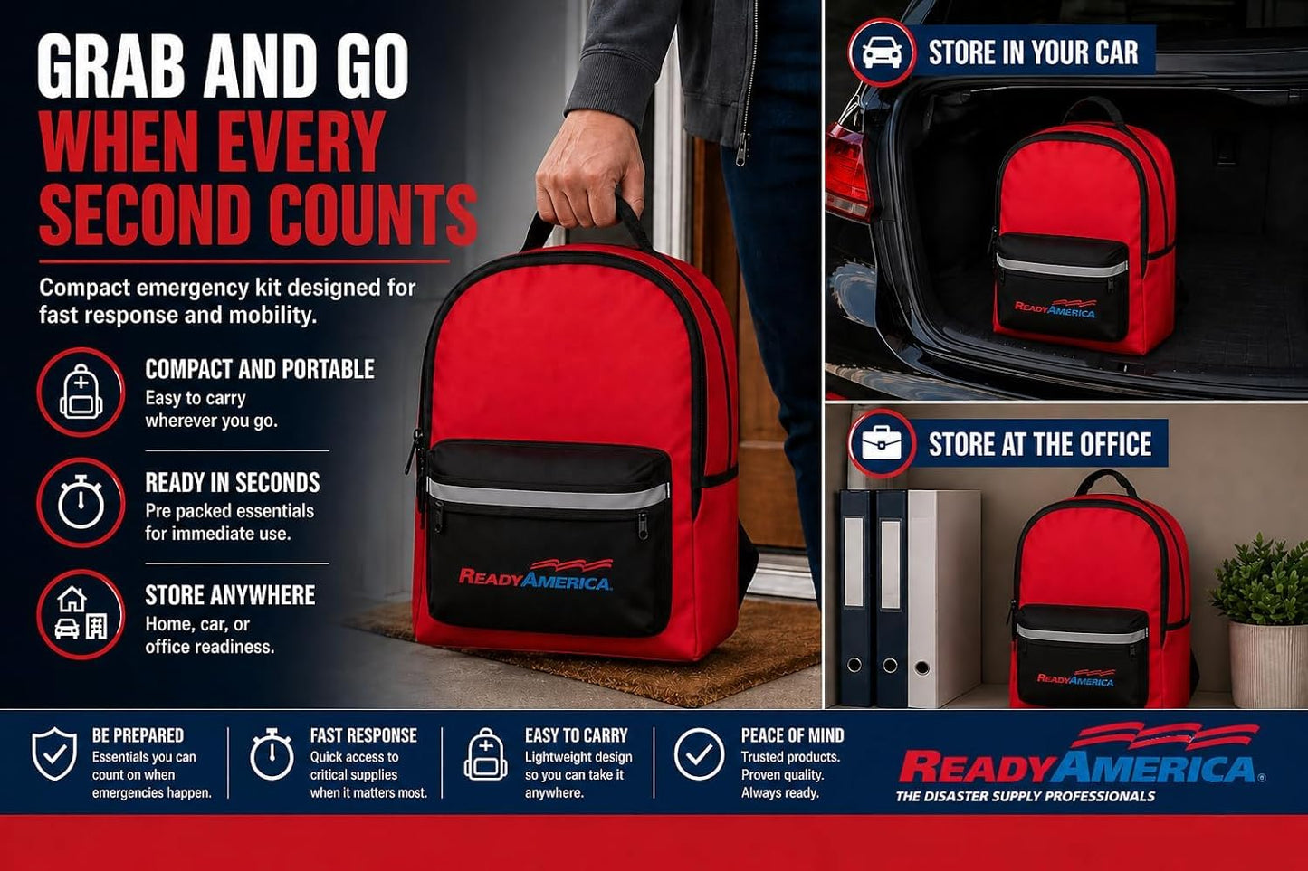 Ready America 72 Hour Deluxe Emergency Kit, 1-Person 3-Day Backpack, First Aid Kit, Survival Blanket, Power Station, Emergency Food, Portable Disaster Preparedness Go-Bag for Earthquake, Fire, Flood