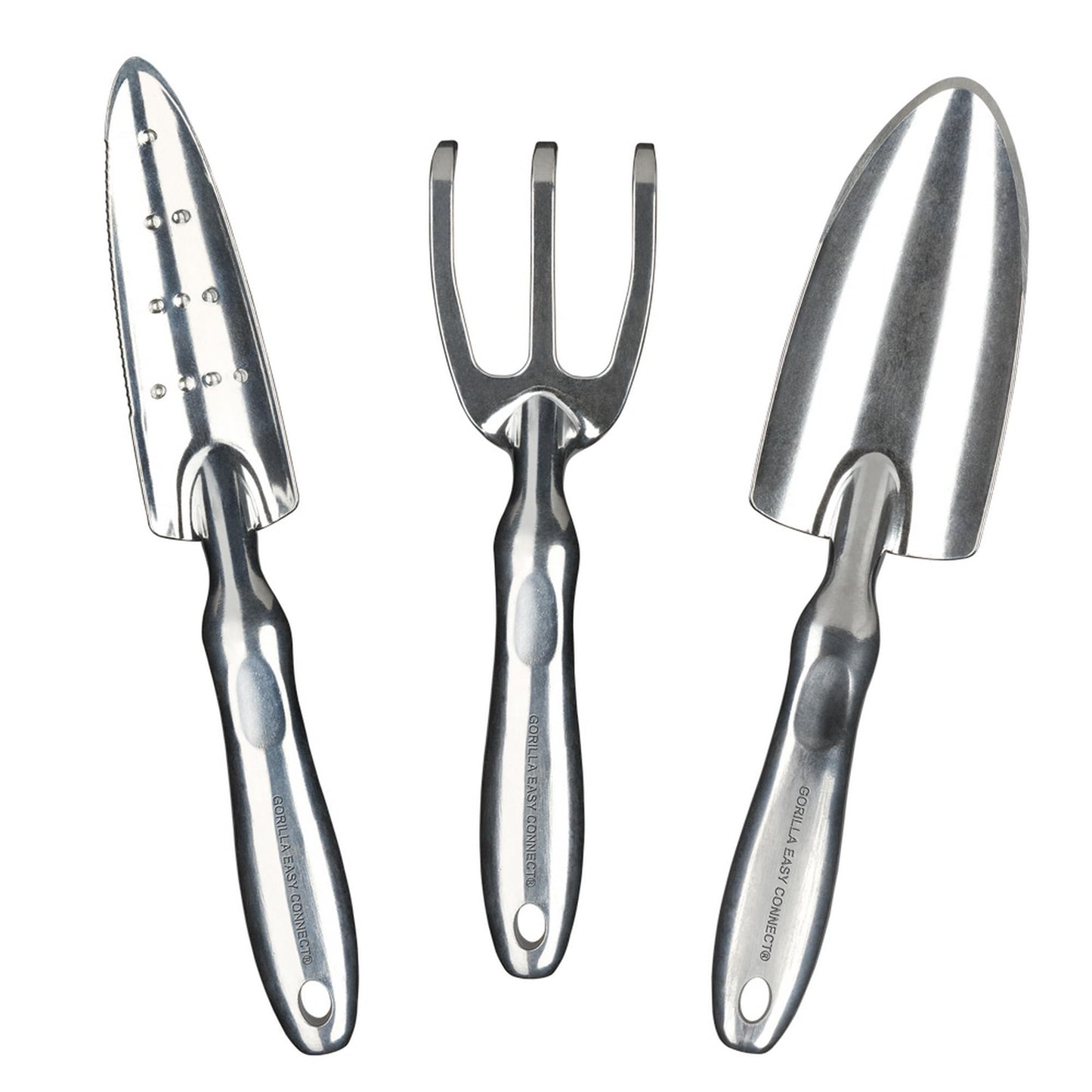 Gorilla Easy Connect Heavy Duty Garden Tools with Digging Trowel, Transplant Trowel and Cultivator Hand Rake Solid One Piece Cast Aluminum Construction