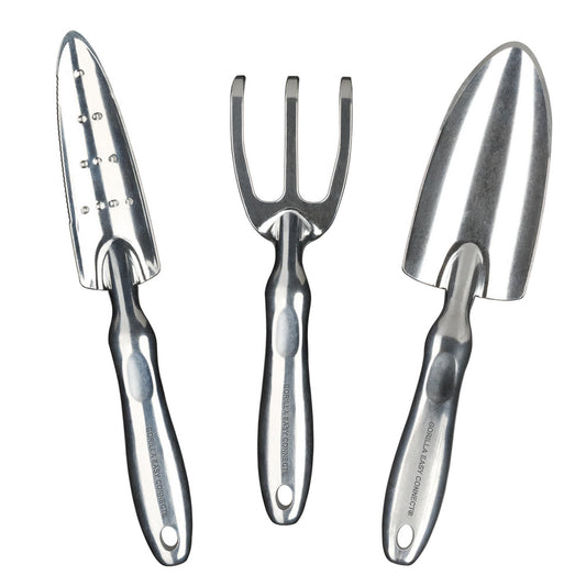 Gorilla Easy Connect Heavy Duty Garden Tools with Digging Trowel, Transplant Trowel and Cultivator Hand Rake Solid One Piece Cast Aluminum Construction