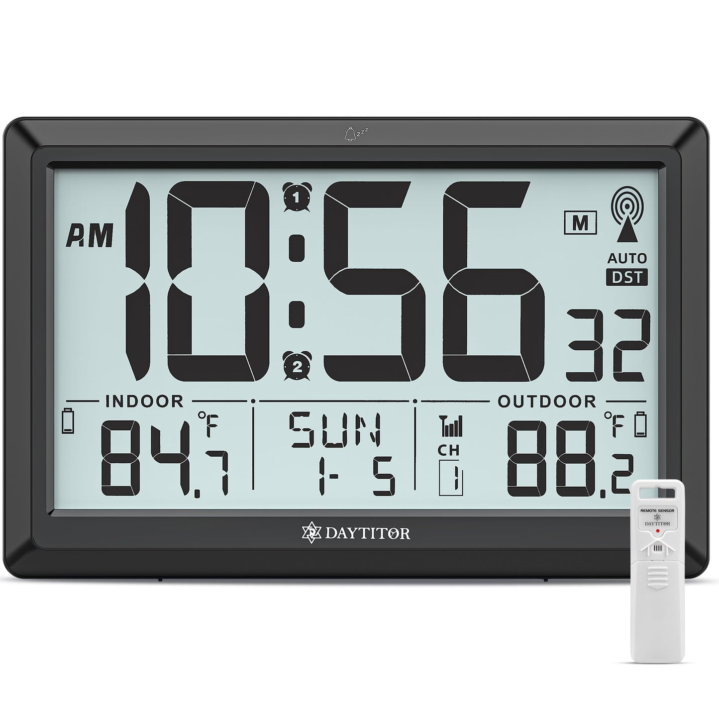 Atomic Clock Wall with Indoor/Outdoor Temp, Battery Operated Digital Wall Clock with 10.5" Large LCD Display, 330ft Range Desk Table Clock with Alarm, DST, Calendar for Living Room Bedrooms, Black