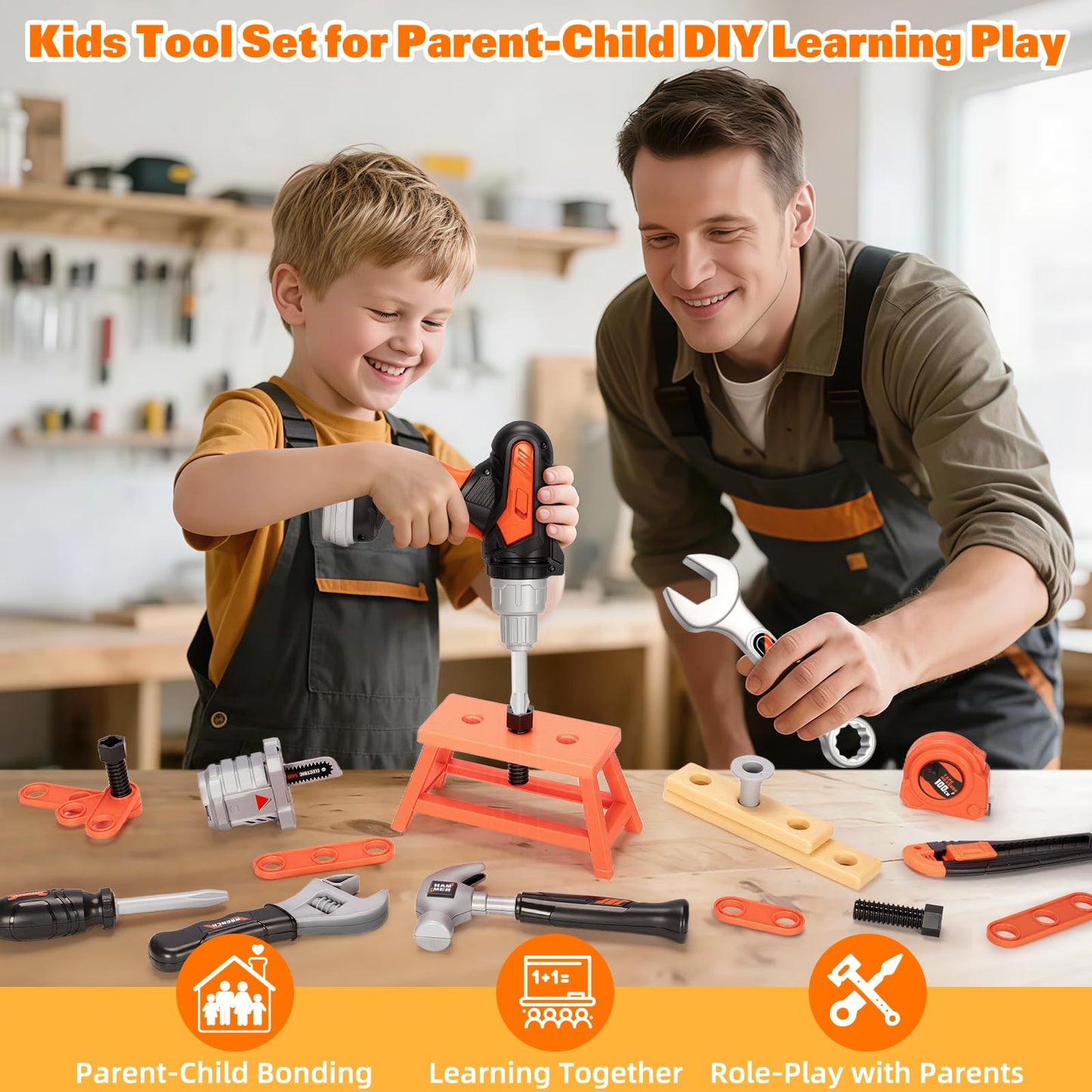 50PCS Kids Tool Set for Boys Ages 3 4 5 6 Years Old - Pretend Play Construction Tool Kits with Portable Tool Bag & Electronic Toy Drill, Toddler Tool Set, Christmas & Birthday Gifts for Boys