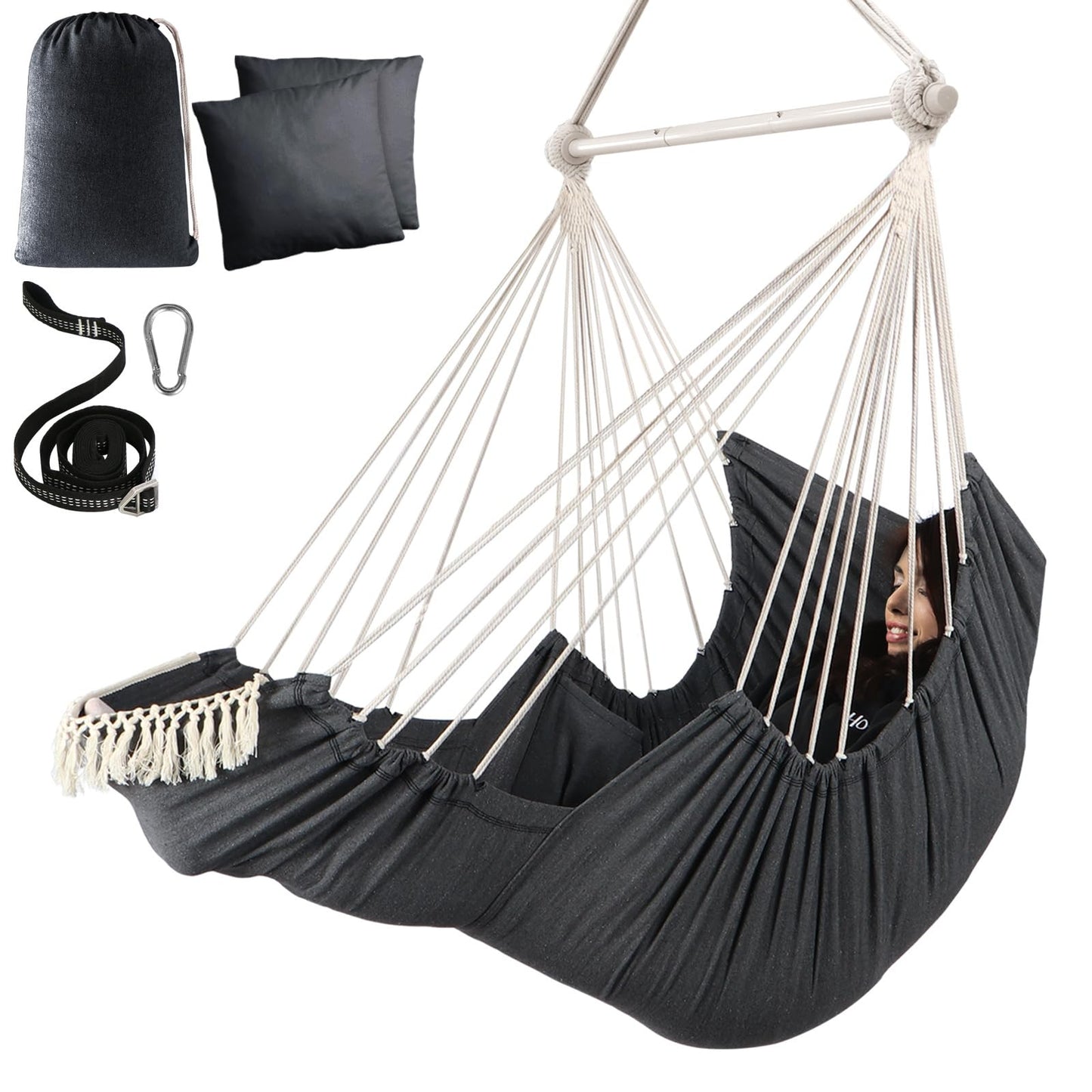 Chihee Hammock Chair Hanging Chair with Foot Rest 2 Cushions Max 500lbs Robust Metal Spreader Bar Collapsible Easy Storage Soft Cotton Swing Chair Strong Strap Iron Carabiner Side Pocket Included