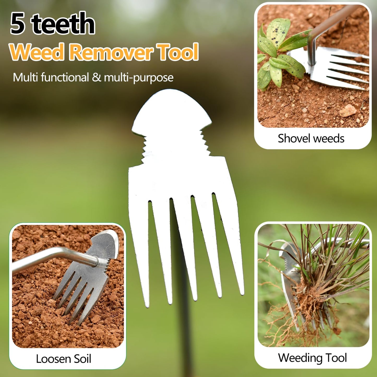 DWULCX Weed Puller Tool，2026 New Garden Weeder Tool Stainless Steel Hand Weeder Tool,5 Teethes Dual Purpose Weed Remover Tool Weeding Tools for Gardening (Rubber Handle)