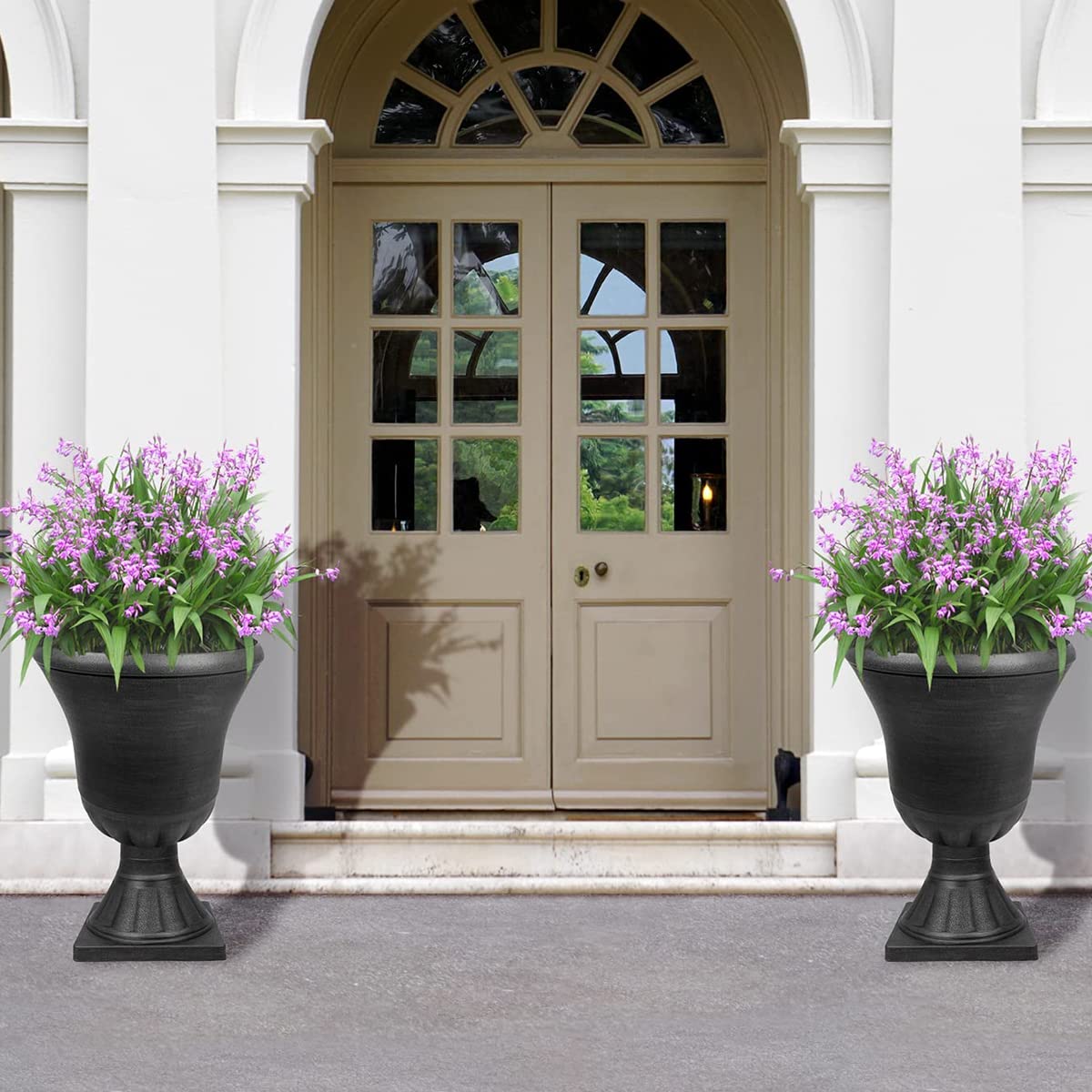 Worth Garden 2-Pack Plastic Urn Planters for Outdoor Plants, 22'' Black Tall Round Classic Resin Traditional Flower Pots - 15 in. Dia. Large Imitation Stone Decorative Pot Patio Deck Front Porch