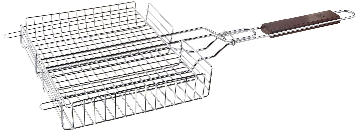 Outset Rosewood Handle Grill Basket, Fish and Vegetable Grill Basket, Chrome