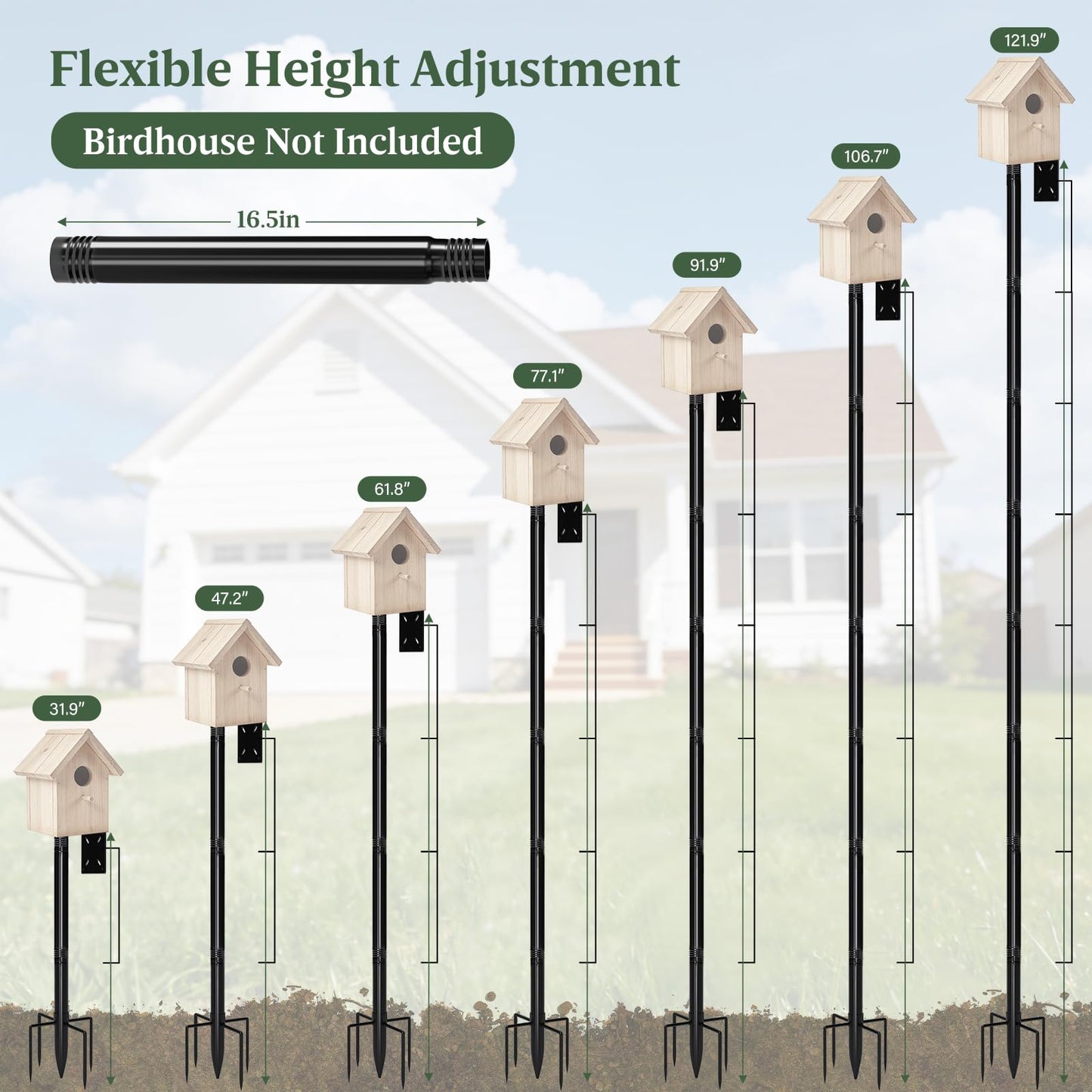 114-Inch Birdhouse Pole Stand, Heavy Duty Metal Bird House Mount with Ground Stake Base, Multi-Section Outdoor Pole for Birdhouses, Feeders & Garden Decor