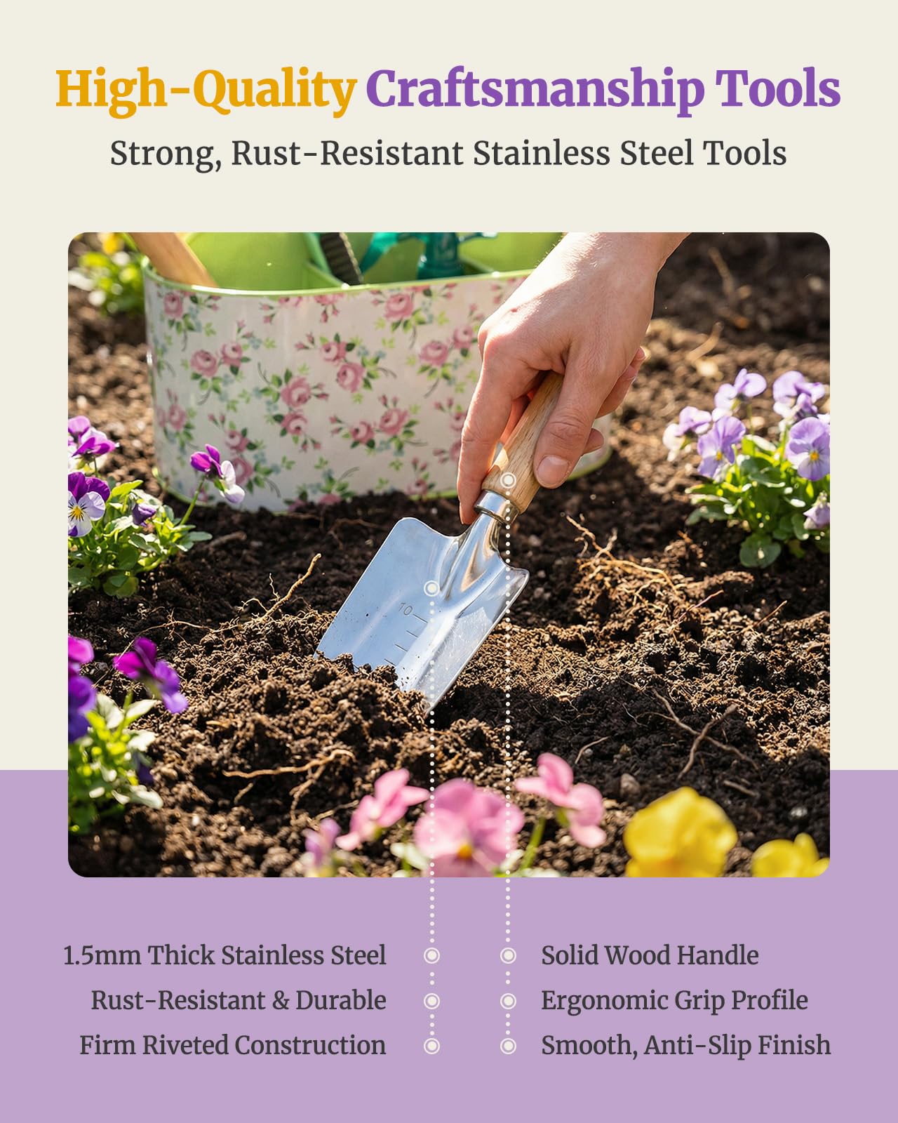 9-Piece Garden Tool Set, Heavy Duty Stainless Steel Rust-Proof Planting Kit with Ergonomic Wood Handles, Durable Metal Organizer Basket with 4 Compartments, Ideal Gardening Gift for Women, Mother