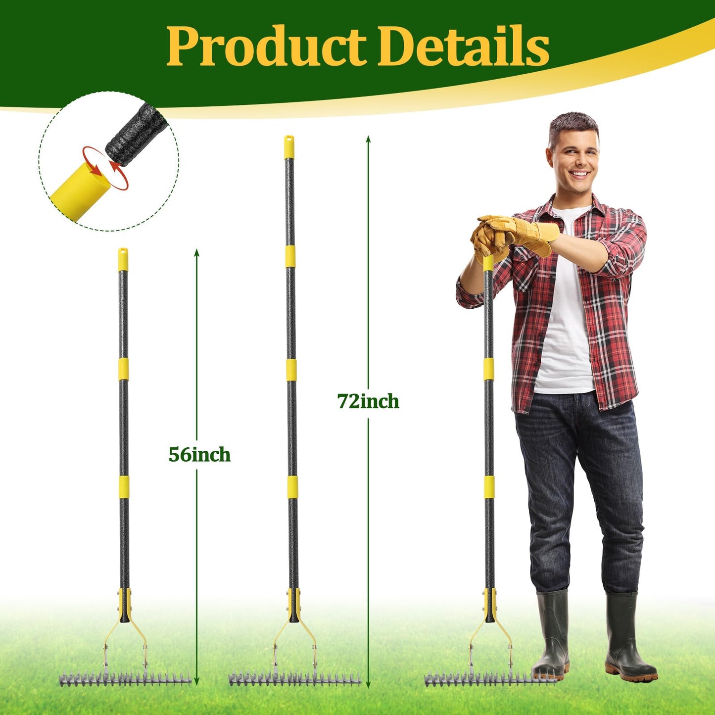 Thatch Rake,Cold-Pressed Steel Dethatcher Rake - 56 inch Adjustable Handle, Ergonomic Grip, Rust-Resistant - Perfect for Gardens, Lawns, Fields, & More - Senior-Friendly Design