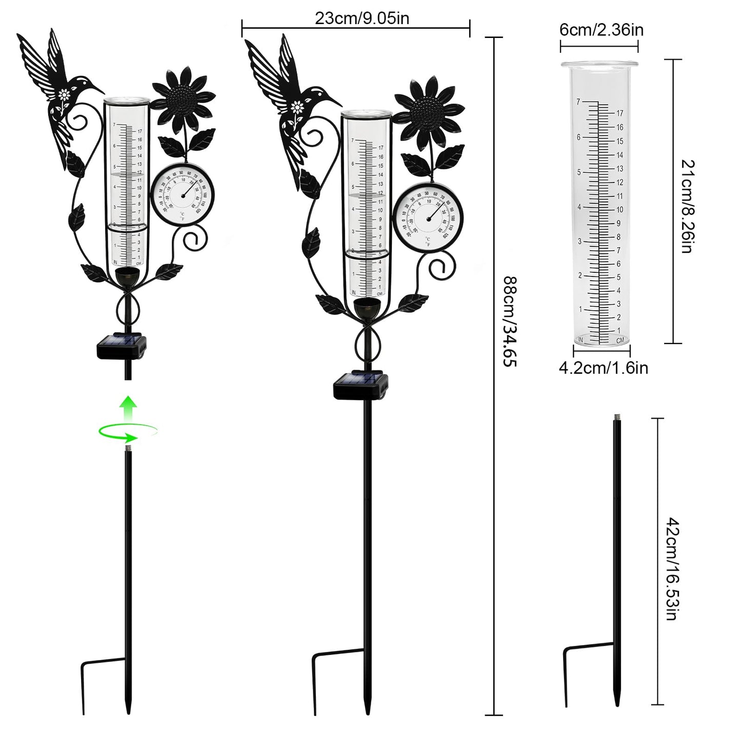 YJFWAL Hummingbird Rain Gauge Outdoor, Decorative Metal Sunflower Solar Rain Gauge with LED Light and Thermometer, Garden Decor for Yard, Lawn, Pathway, Farm