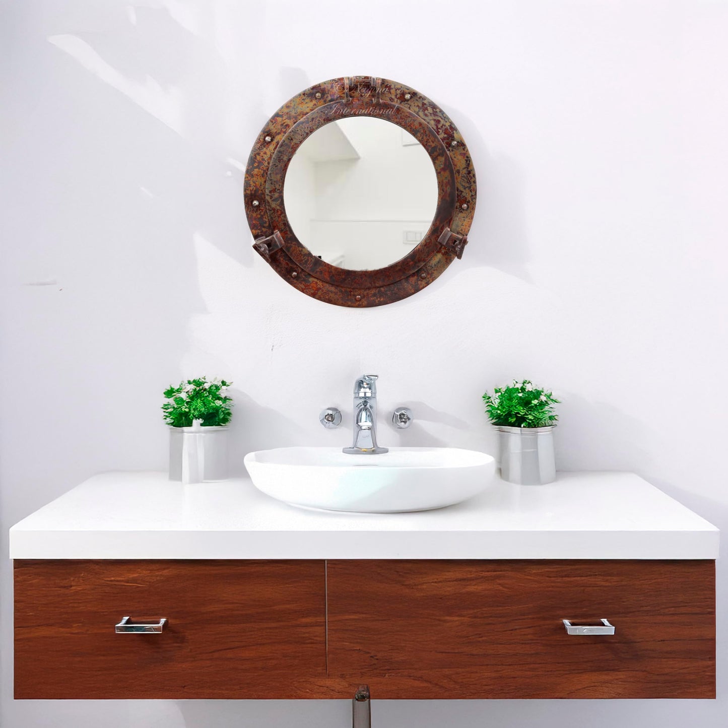 Nagina International Rustic Copper Shipwrecked Premium Nautical Porthole Mirror | Nautical Bathroom Mirrors (8 Inches, Aluminum Mirror)
