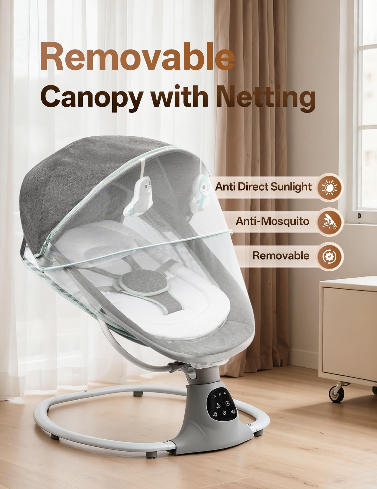 Electric Baby Swing for Infants to Toddler, Portable Swing Rocker with 5 Point Harness, 5 Sway Speed, Bluetooth,12 Preset Lullabies with Remote Control, Infant Swing for Baby Boys & Girls, Grey