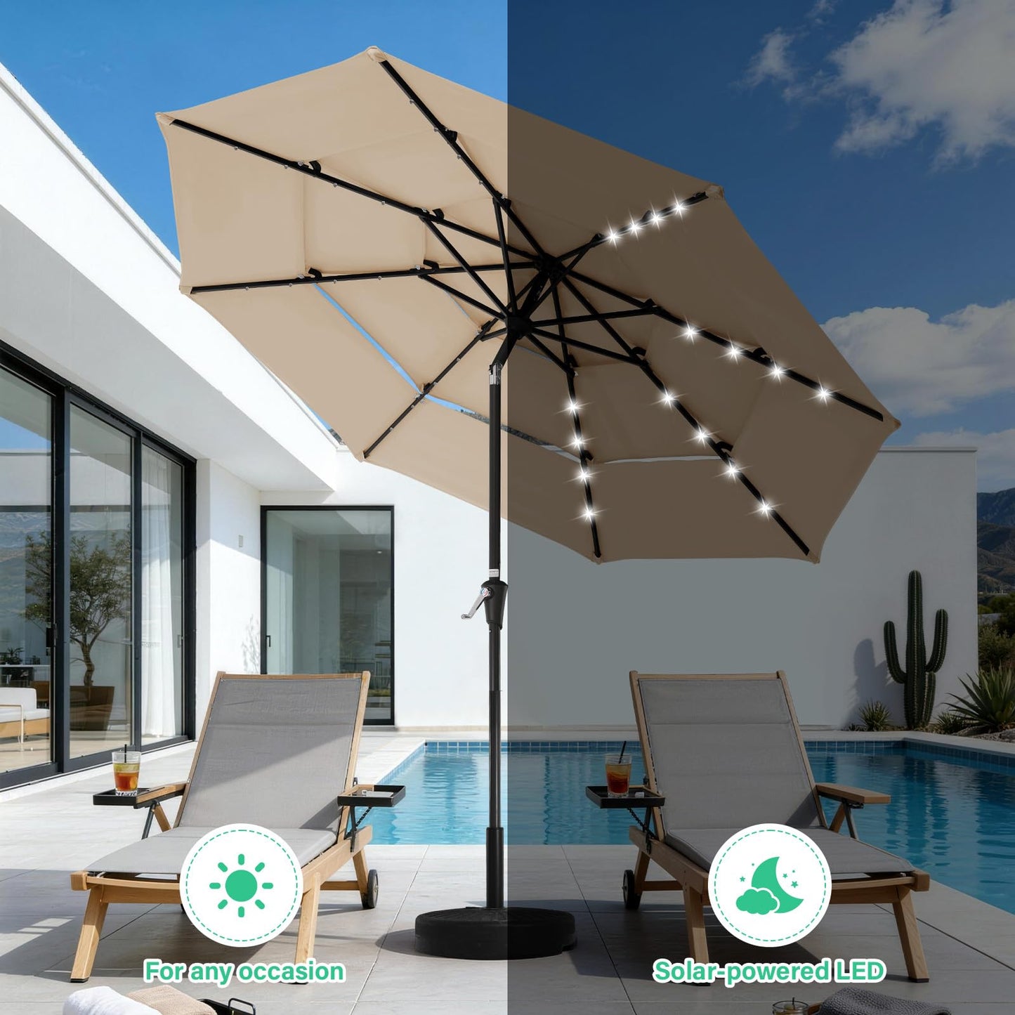 JEAREY 3 Tiers Patio Umbrella with Solar Lights 9ft Outdoor Market Table Umbrellas with Push Button Tilt for Outside Pool Garden, Tan