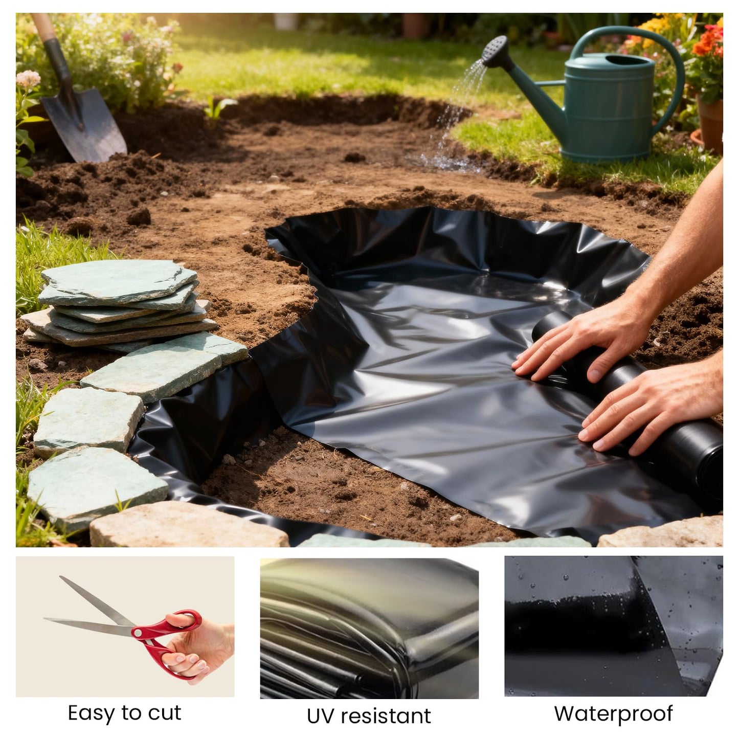 Odowalker Black Pond Liner, 10x15 Ft 12 Mil UV Resistant Preformed Pond Liner, Waterproof Ponds Liner, PE Pond Mat for Waterfall, Koi Ponds, Streams, Outdoor Ponds, Garden Fountains, Water Garden