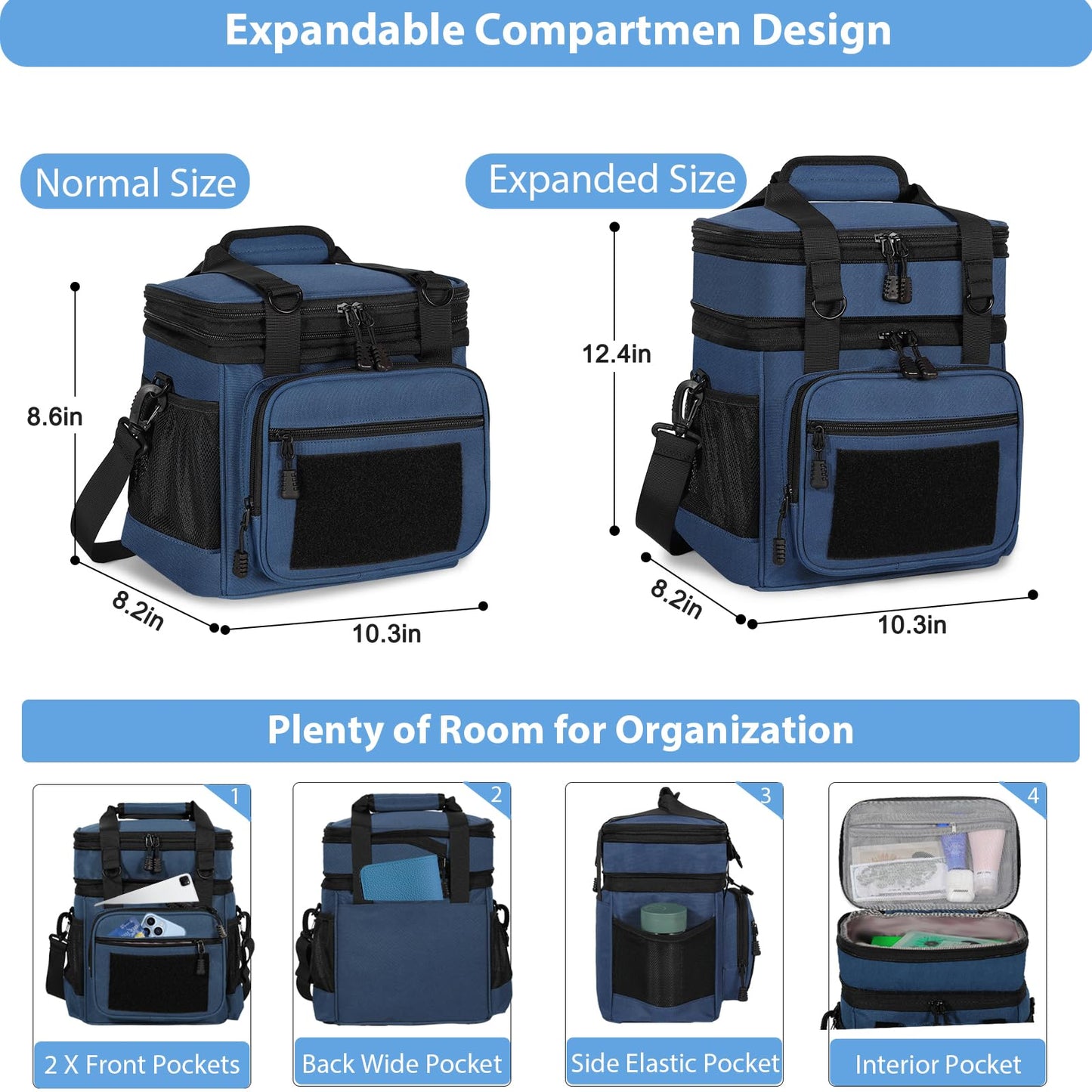 GLENKEY Tactical Lunch Box Cooler Bag - Expandable Insulated Lunch Bag for Men Women - Large Lunchbox for Adults Work Shifts Outdoor Trips Blue 16L
