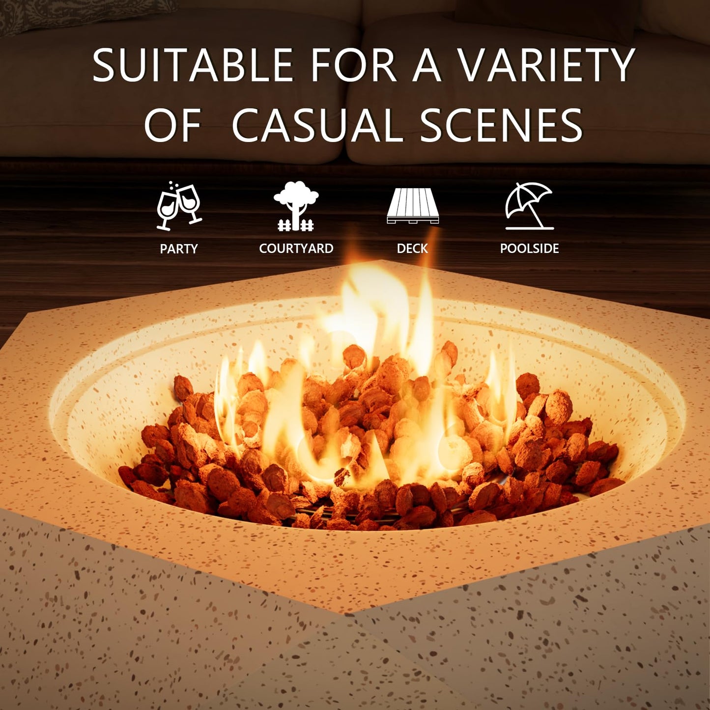 COSIEST Outdoor Propane Fire Pit Table w Terrazzo White Faux Stone 24-inch Hexagon Base, 40,000 BTU Stainless Steel Burner, Free Lava Rocks and Rain Cover