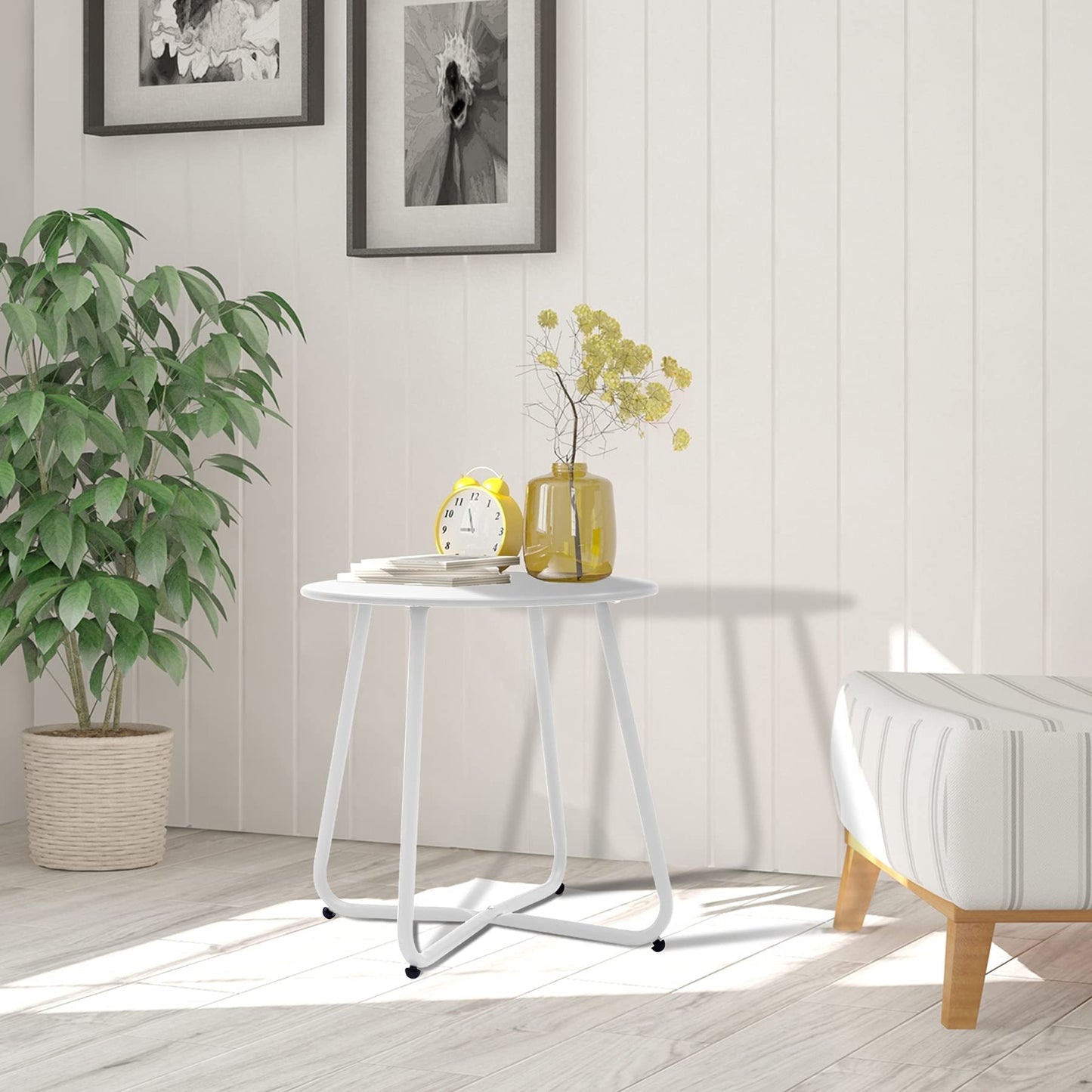 Meluvici Patio Outdoor Side Table Waterproof Round Metal Steel Small Side Table Weather Resistant Portable Outdoor and Indoor End Table for Garden Balcony Yard, White