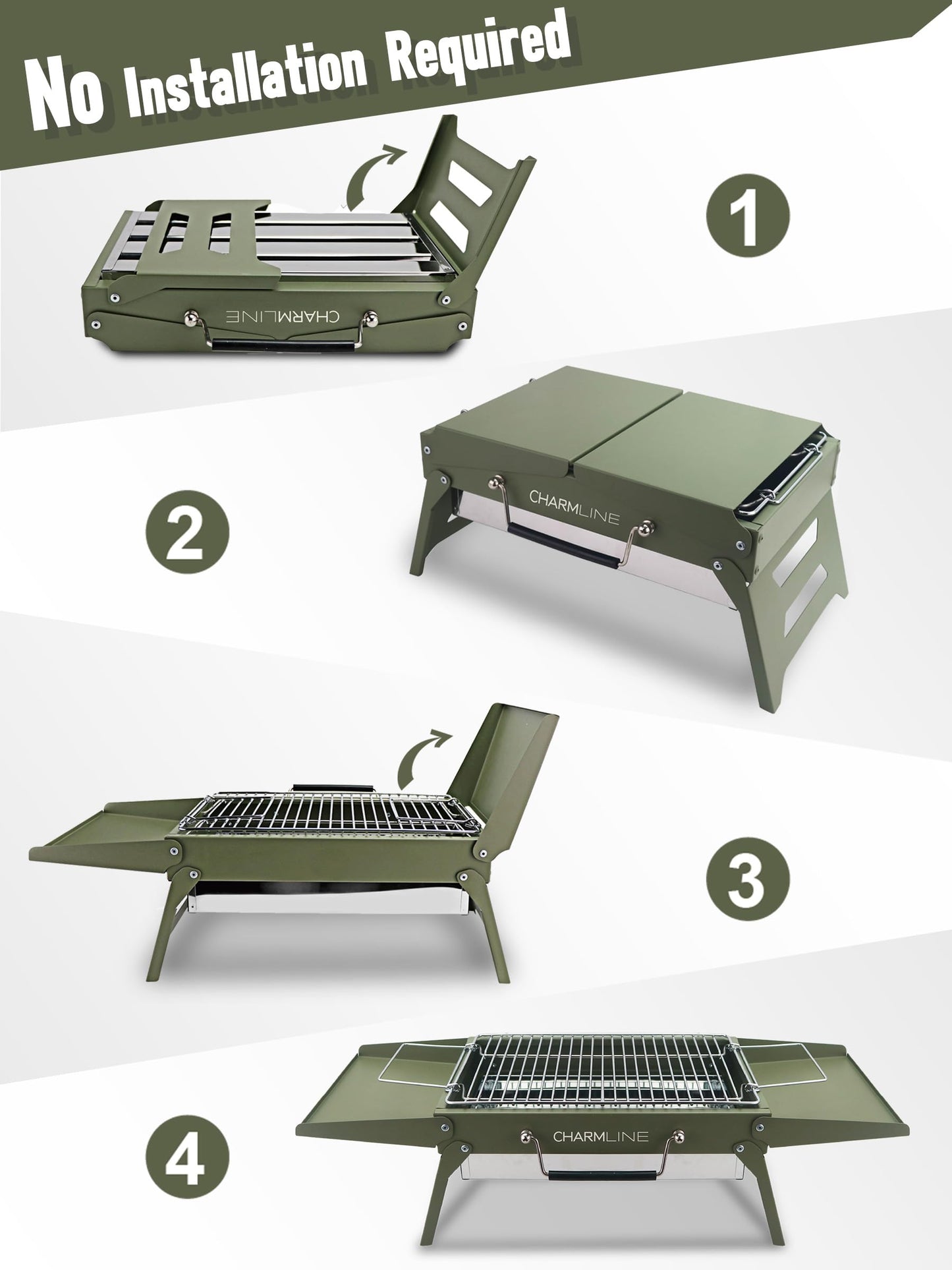 Charmline 14 x 9 inches Portable Charcoal BBQ Grill, Foldable Compact Camping Barbecue for 1–3 People, Ideal for Garden, Beach, Picnic & Tabletop Use, Green