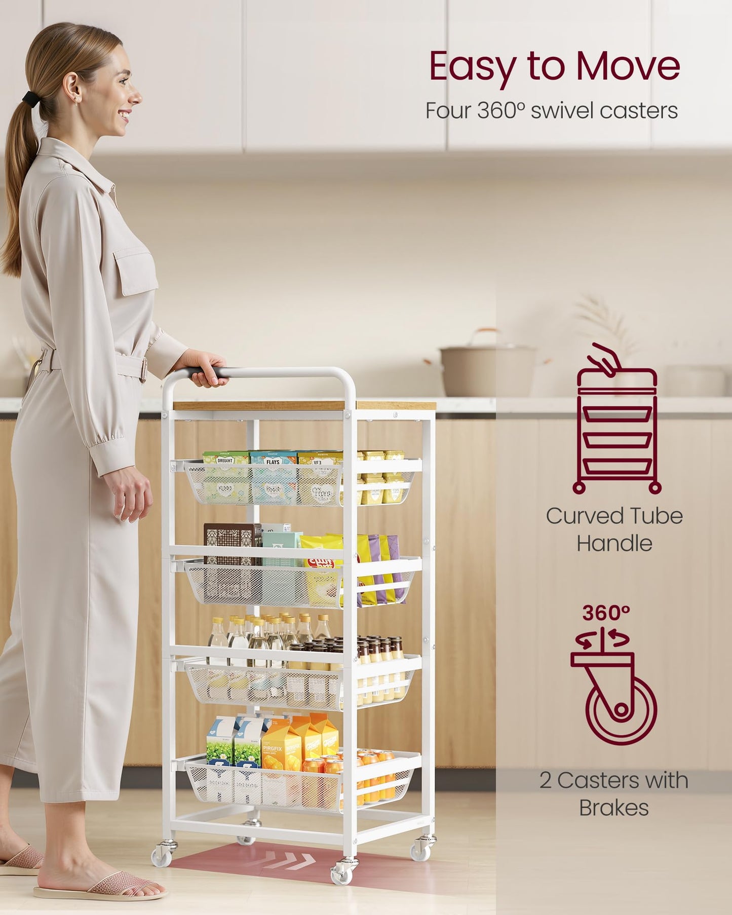 VASAGLE Storage Rolling Cart with Pull-Out Baskets, 5-Tier Utility Cart Orgnizer with Wheels for Laundry Room, Kitchen, Handle, 12.5 x 15.8 x 37.4 Inches, Golden Oak and Matte White ULRC041YA01