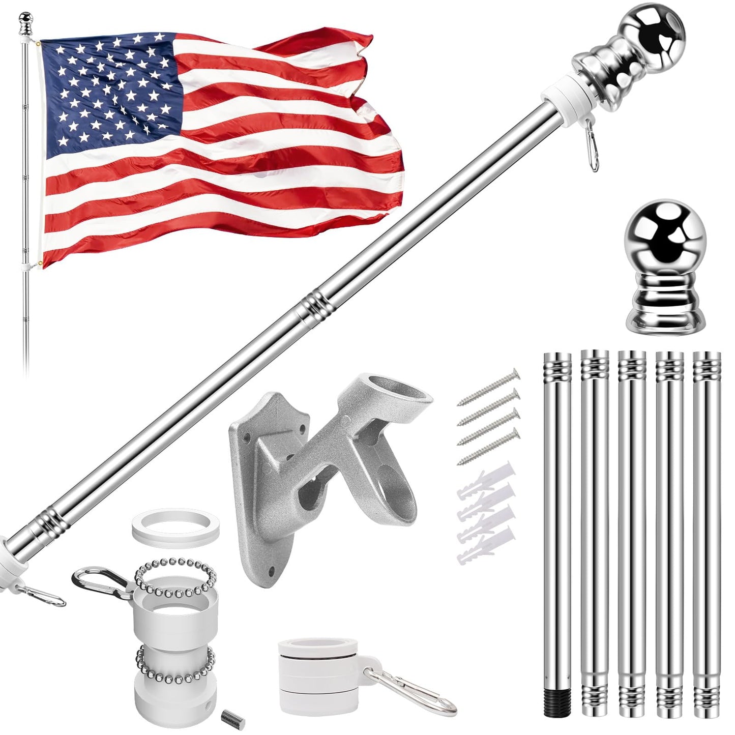 5 FT Flag Pole kit and American Flag 3x5ft with Pole Kit for Outside, Heavy Duty Flag Pole 5FT with 3x5ft American Flag, Stainless Steel Aluminum Multi-Position Flag Pole with Bracket Holder (silver)