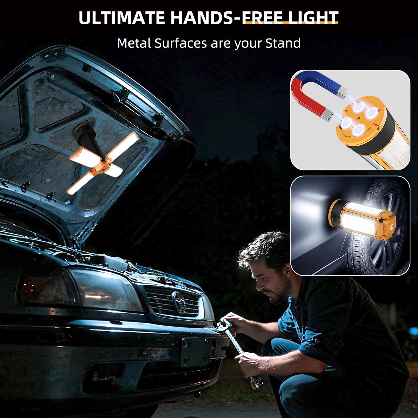 T-SUN Rechargeable Camping Light with Stand, 4 LED Lamp Heads for Wider, Fuller Coverage, 4100LM Tripod Work Light with Magnetic Base, Hook & USB-C, for Jobsite, Emergency, Camping (Orange)
