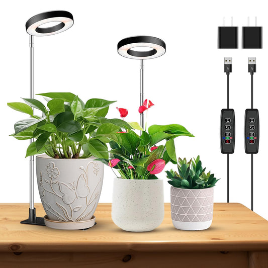 Kullinss Grow Light, 48 LEDs Full Spectrum Plant Lights for Indoor Growing, Halo Plant Light with 3/9/12H Timer, 3 Color Modes, 10 Brightness, Height Adjustable Grow Lamp for Small Plants (2 Pack)