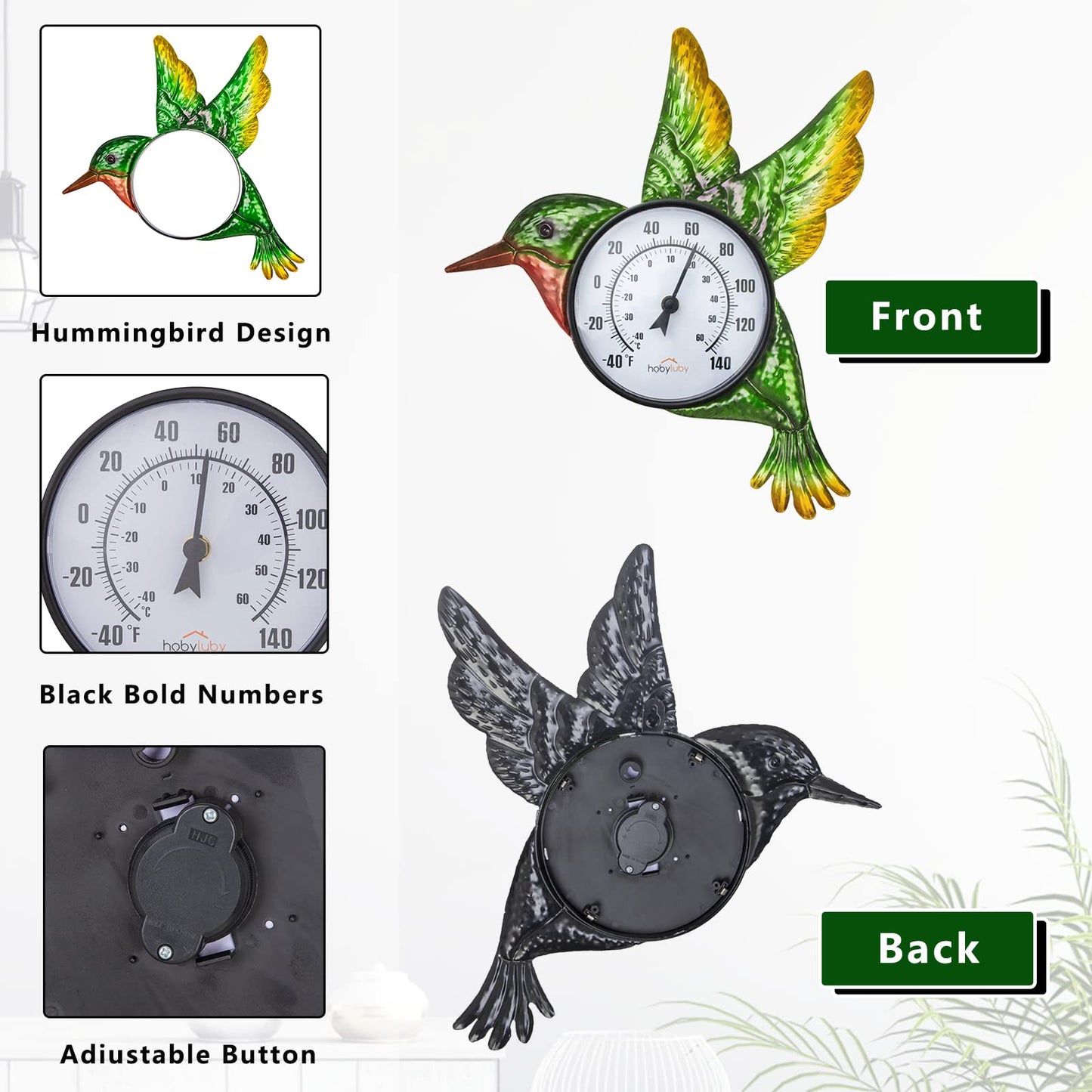 HOBYLUBY Indoor Outdoor Thermometer, Hummingbird Wall-Mounted Thermometer Waterproof for Patio Garden Yard & Living Room, No Battery Needed