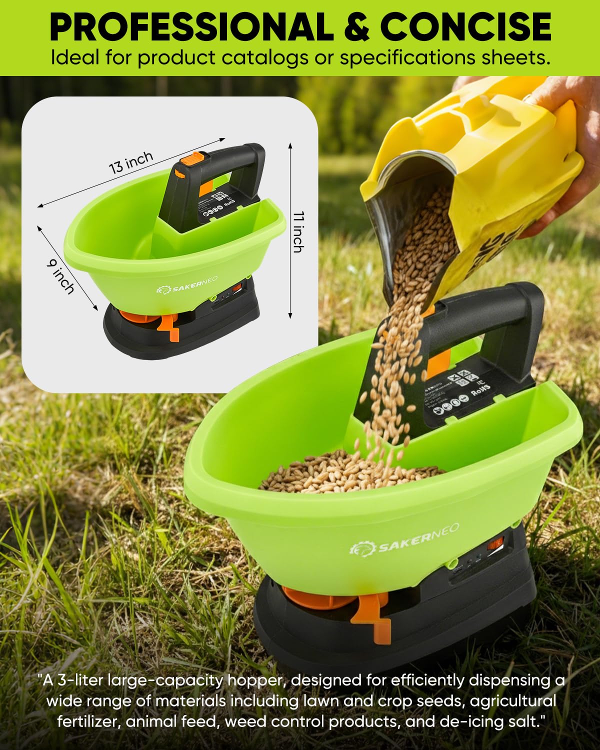 SAKERNEO Handheld Lawn Spreader - 7.2V Battery Powered Seed & 135° Fertilizer Spreader, 3L Large Capacity for 6400 Sq.Ft, 7 Settings & 5 Angles, Rechargeable Grass Seeder for Even Lawn Care