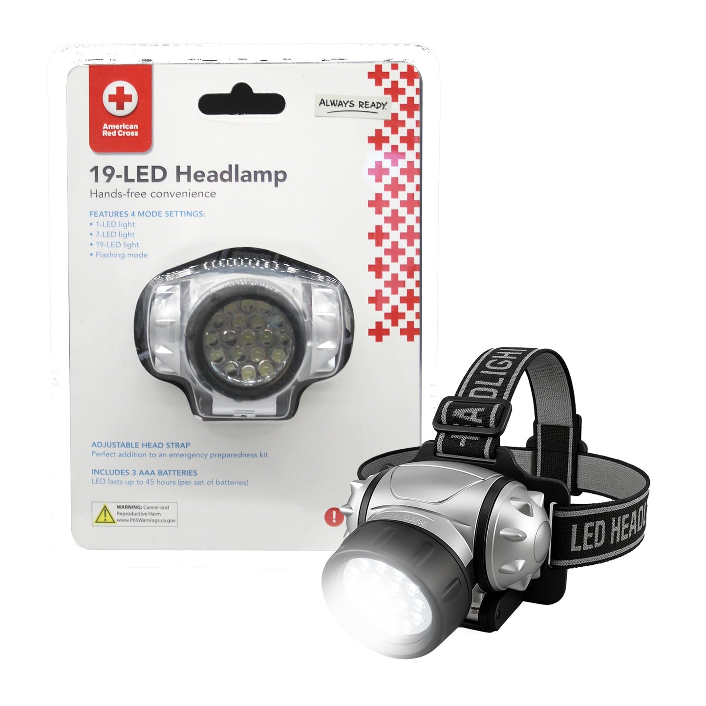 American Red Cross Hands-Free LED Headlamp, 4-Mode Battery Powered Headlamp, Hurricane Preparedness Items for Emergency Use, Camping, and More