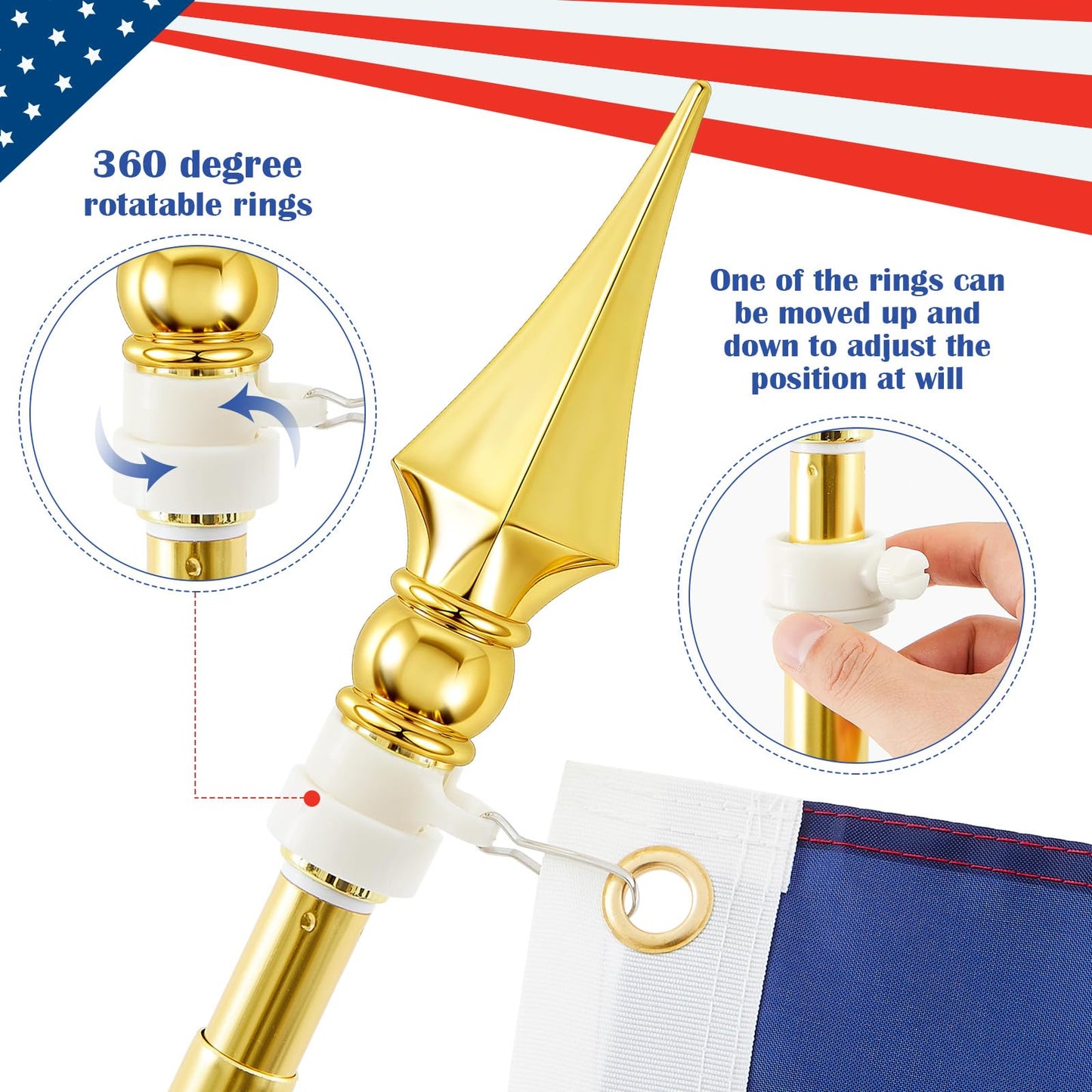 Moxweyeni Indoor Flag Pole Kit Telescoping 8 ft Flag Pole with Base Heavy Duty Aluminum Gold Flagpole and Stand for Office School City Hall, No Ensign Included